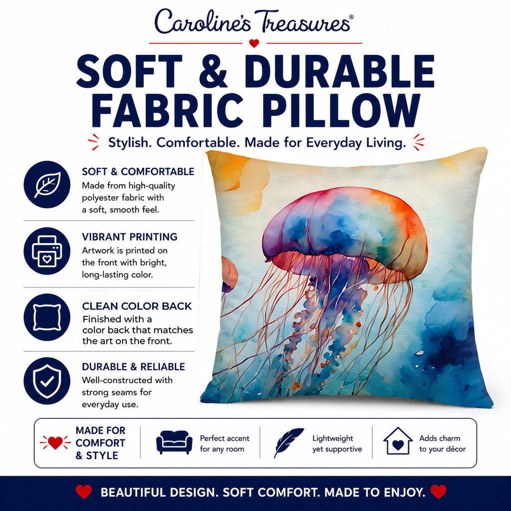 Jellyfish Decorative Throw Pillow 14x14 Indoor Outdoor Accent Cushion, Fabric Cover with Insert for Sofa, Bed, Porch & Living Room
