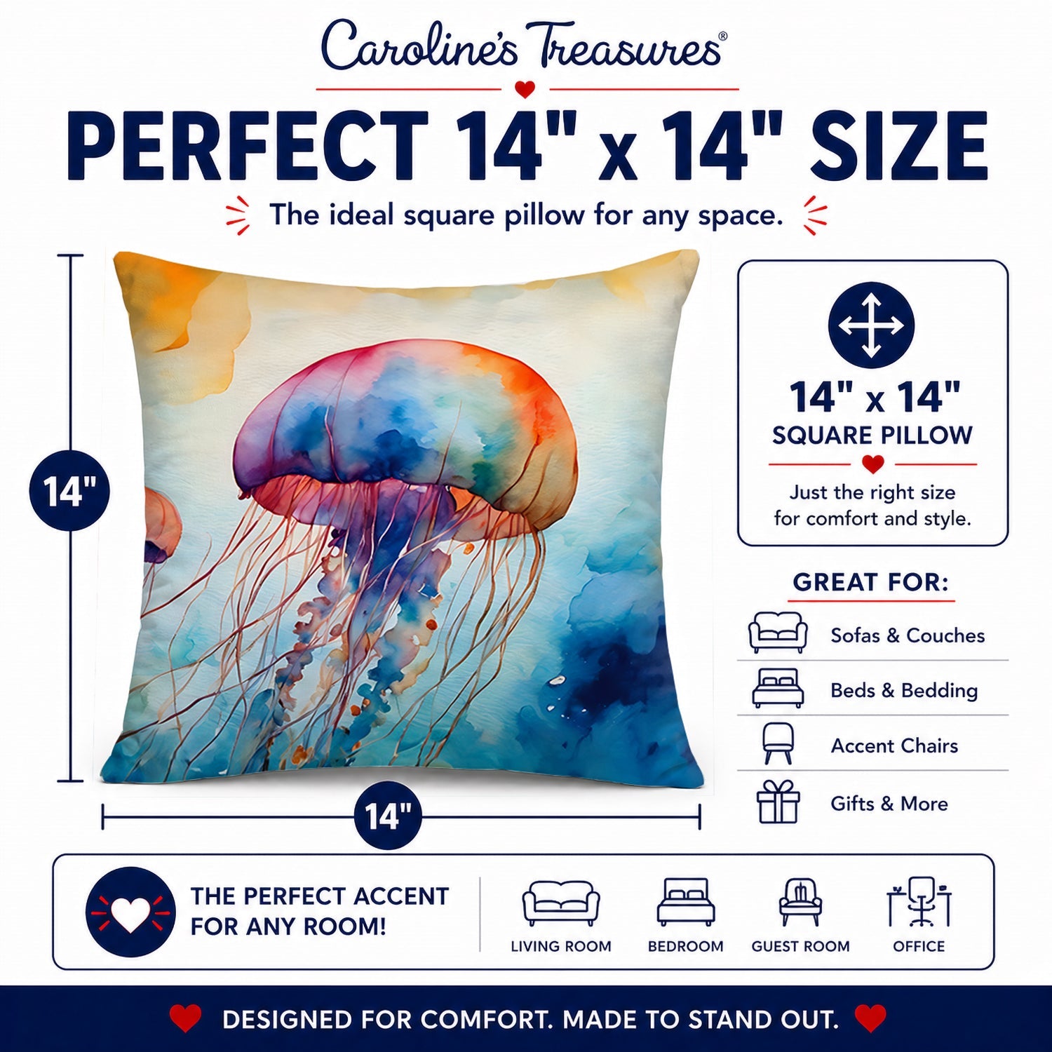 Jellyfish Decorative Throw Pillow 14x14 Indoor Outdoor Accent Cushion, Fabric Cover with Insert for Sofa, Bed, Porch & Living Room
