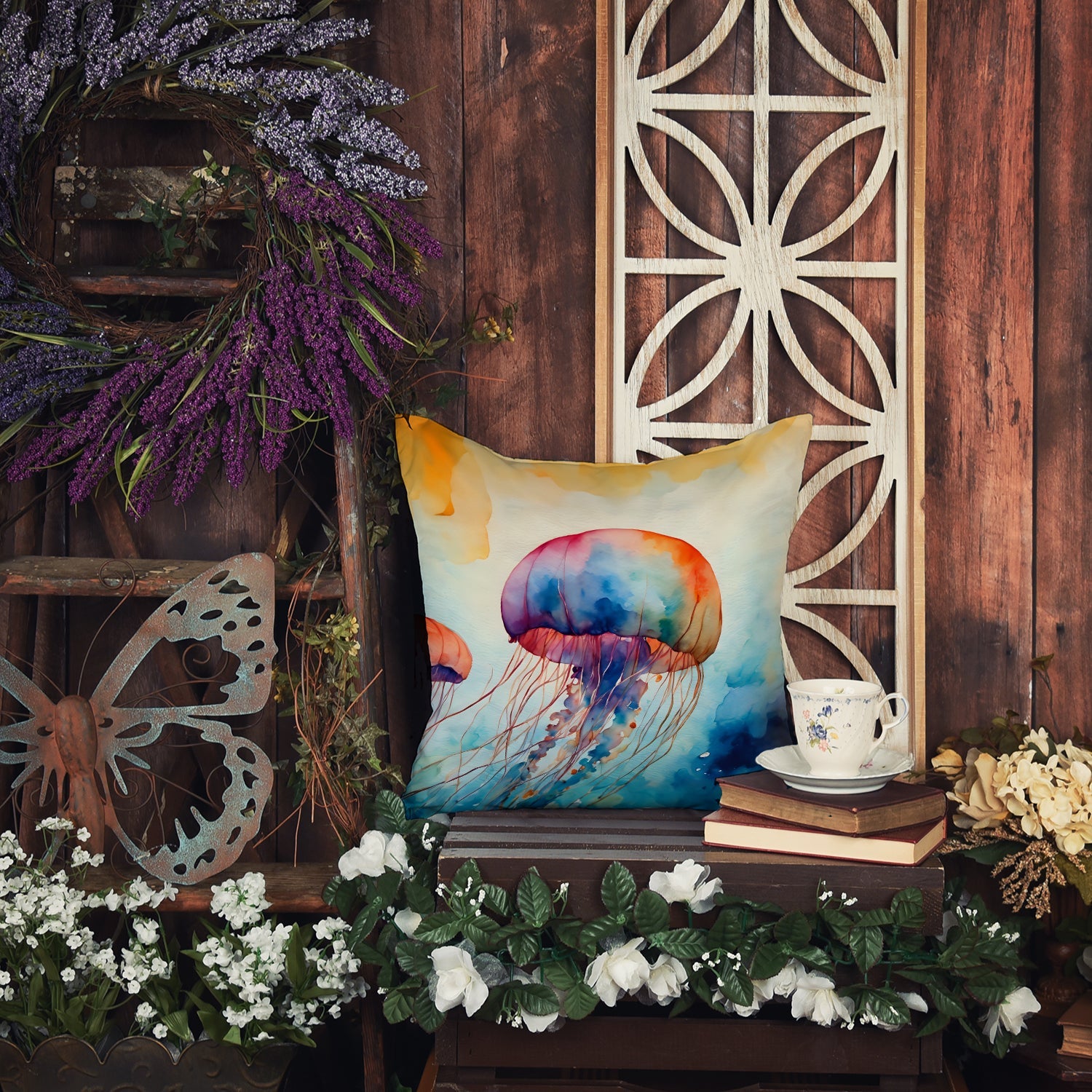 Jellyfish Decorative Throw Pillow 18x18 Indoor Outdoor Accent Cushion, Fabric Cover with Insert for Sofa, Bed, Porch & Living Room
