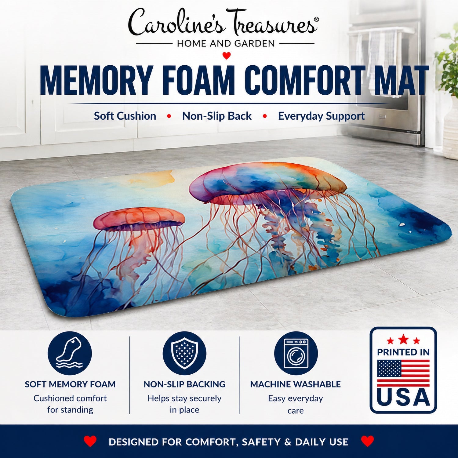Jellyfish Memory Foam Kitchen Mat Machine Washable Anti-Fatigue Cushion Comfort Bath or Kitchen Rug