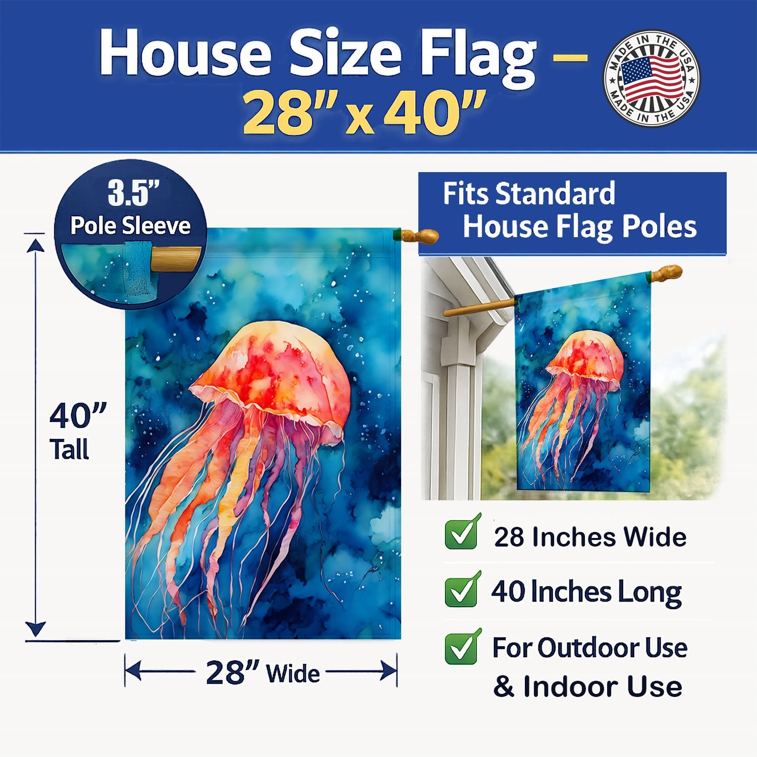 Jellyfish House Flag 28x40 Porch Sleeve Pole Decorative Outside Yard Banner Artwork Wall Hanging, Polyester