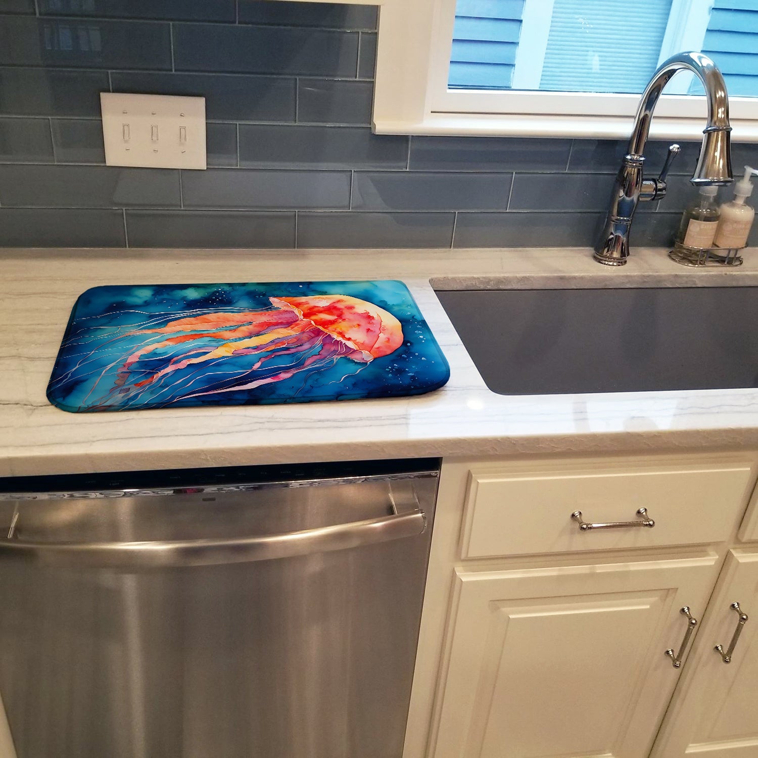 Jellyfish Dish Drying Mat Absorbent Dish Drying Mat Pad for Kitchen Counter Dish Drainer Mat for Countertop, 14 x 21", Multicolor