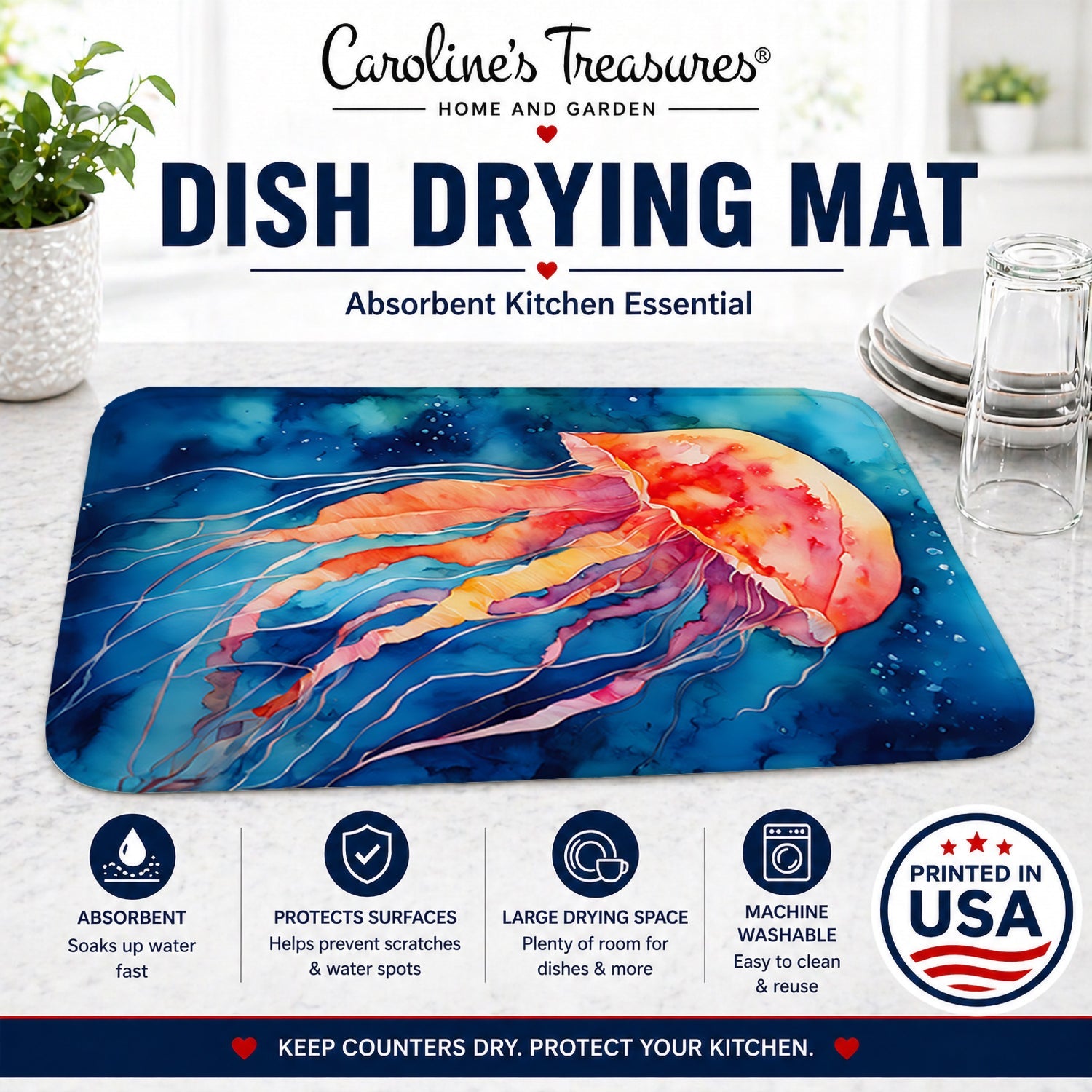 Jellyfish Dish Drying Mat Absorbent Dish Drying Mat Pad for Kitchen Counter Dish Drainer Mat for Countertop, 14 x 21", Multicolor
