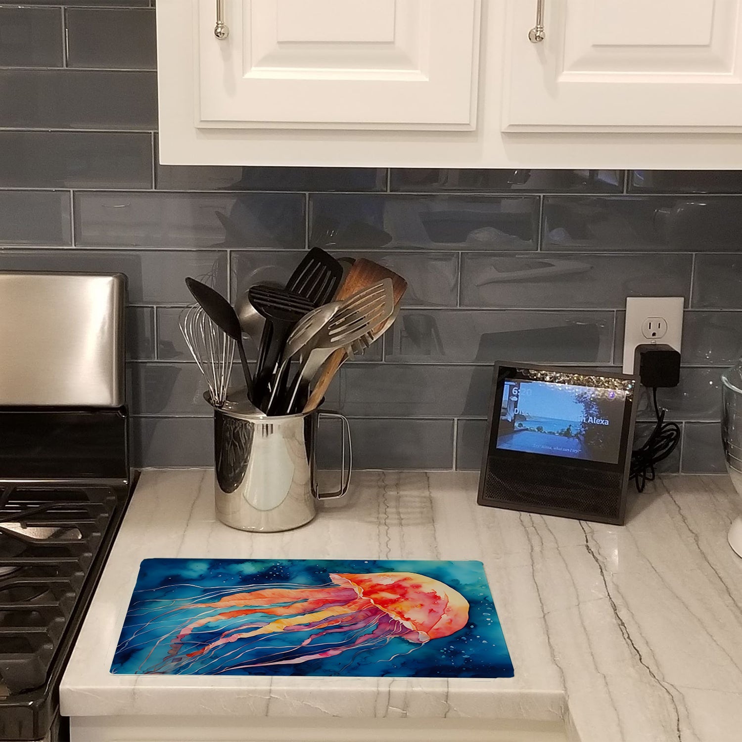Jellyfish Cutting Board Tempered Glass Kitchen Cutting Surface, Heat Resistant Chopping, Non-Slip Feet, Food Prep & Serving