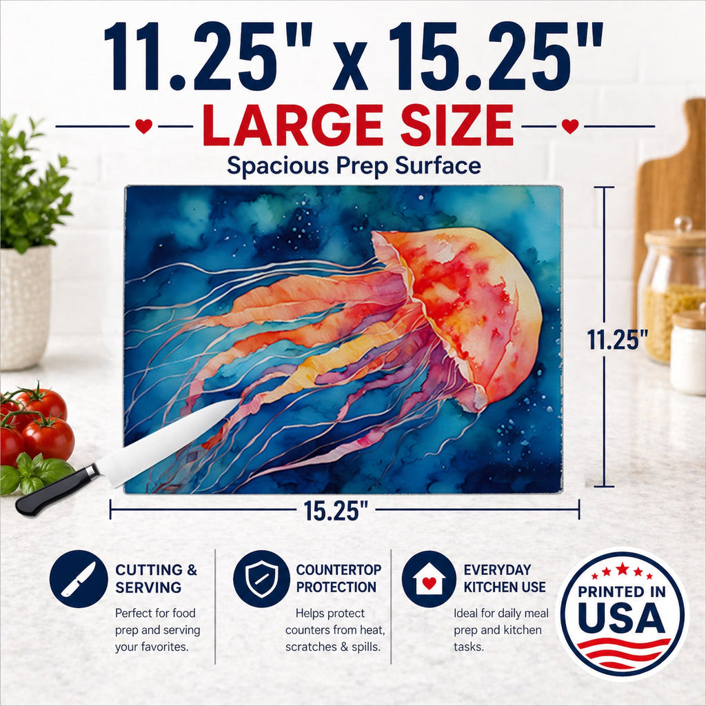 Jellyfish Cutting Board Tempered Glass Kitchen Cutting Surface, Heat Resistant Chopping, Non-Slip Feet, Food Prep & Serving