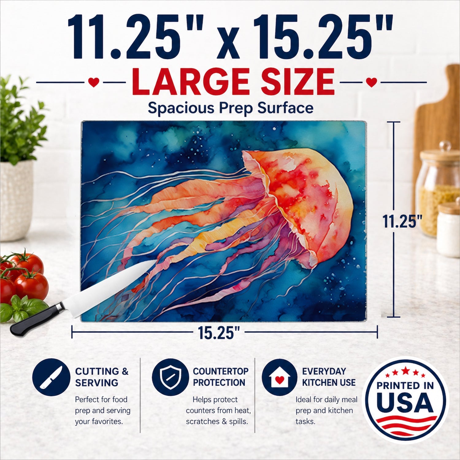 Jellyfish Cutting Board Tempered Glass Kitchen Cutting Surface, Heat Resistant Chopping, Non-Slip Feet, Food Prep & Serving