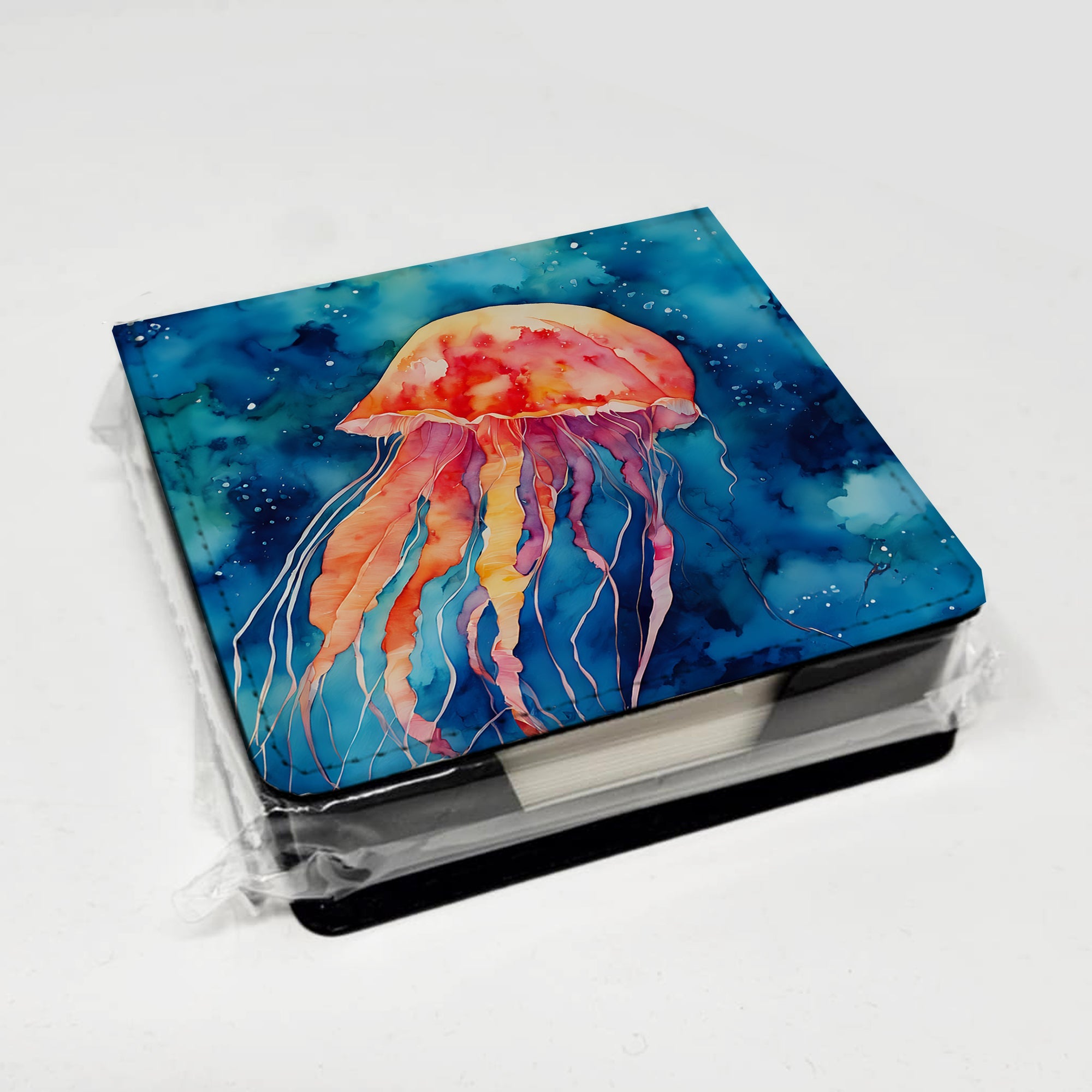 Jellyfish PU Leather Note Paper Holder with Artist-Designed Cover, Desk Accessory, Office Gift