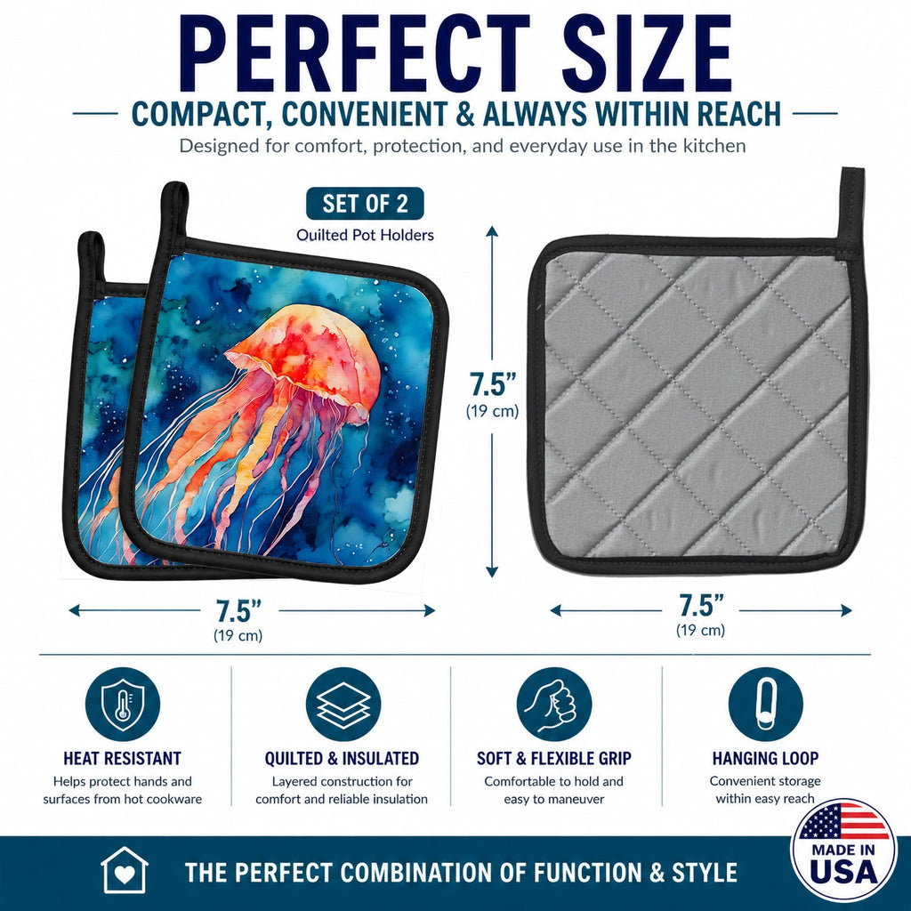 Jellyfish Pot Holder Set of 2 Heat Resistant Quilted Hot Pads 7.5 x 7.5 Inch, Insulated Kitchen Trivets for Cooking & Baking