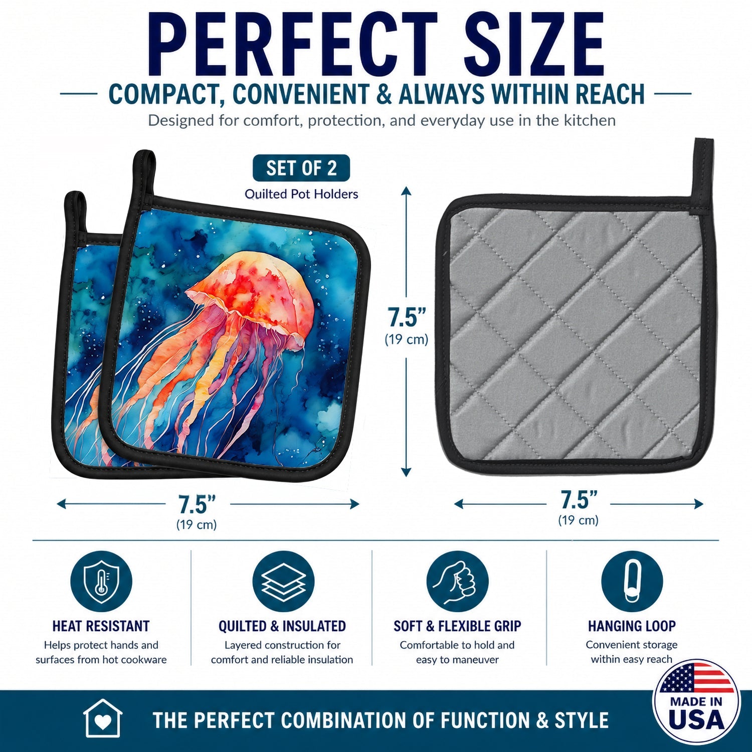 Jellyfish Pot Holder Set of 2 Heat Resistant Quilted Hot Pads 7.5 x 7.5 Inch, Insulated Kitchen Trivets for Cooking & Baking