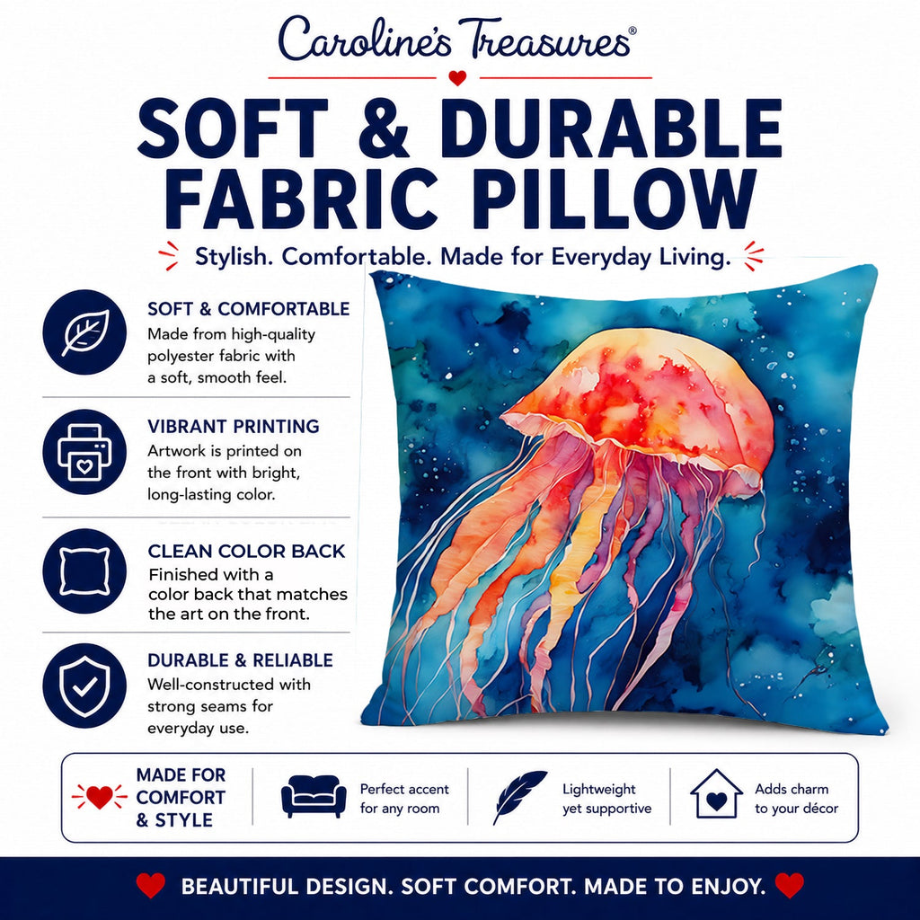 Jellyfish Decorative Throw Pillow 14x14 Indoor Outdoor Accent Cushion, Fabric Cover with Insert for Sofa, Bed, Porch & Living Room