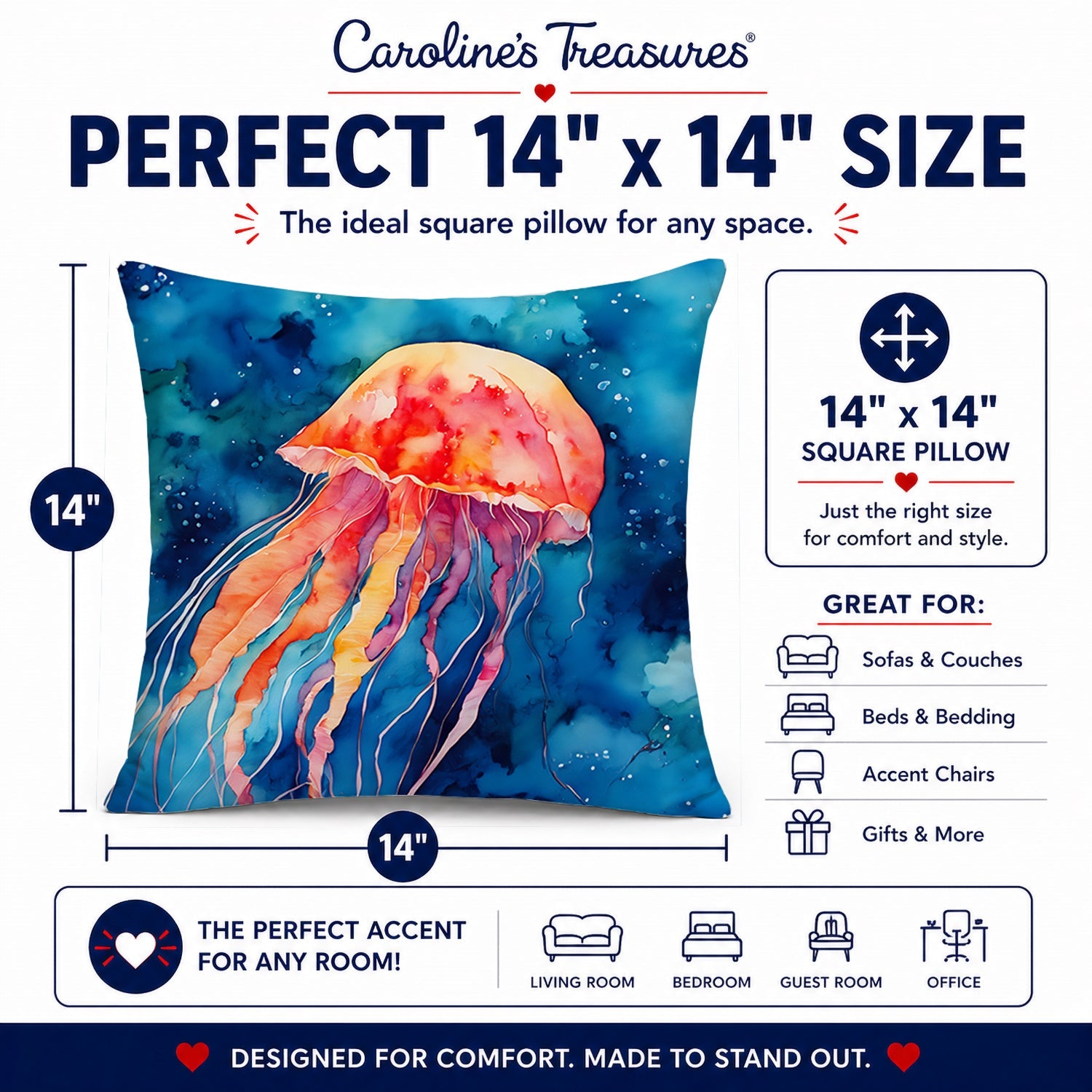 Jellyfish Decorative Throw Pillow 14x14 Indoor Outdoor Accent Cushion, Fabric Cover with Insert for Sofa, Bed, Porch & Living Room