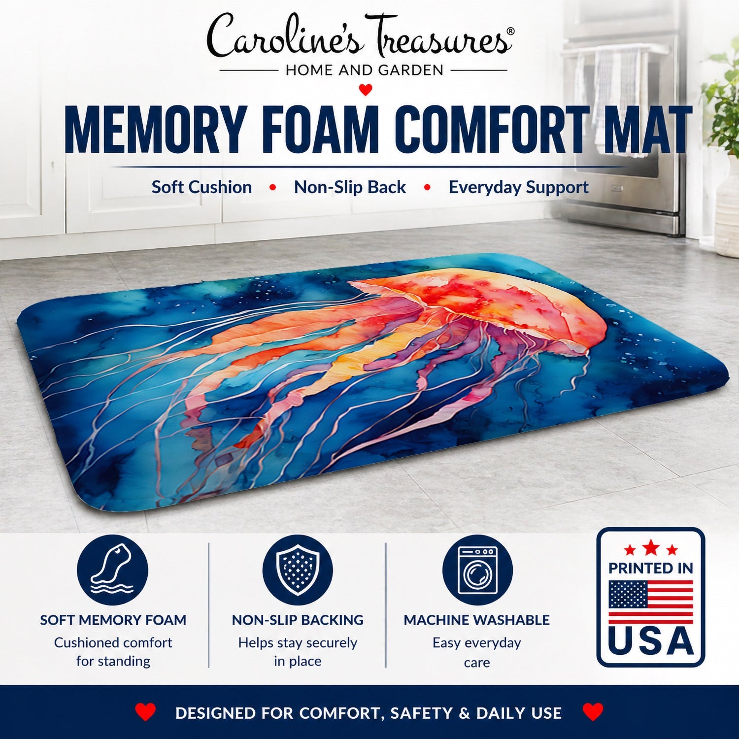 Jellyfish Memory Foam Kitchen Mat Machine Washable Anti-Fatigue Cushion Comfort Bath or Kitchen Rug