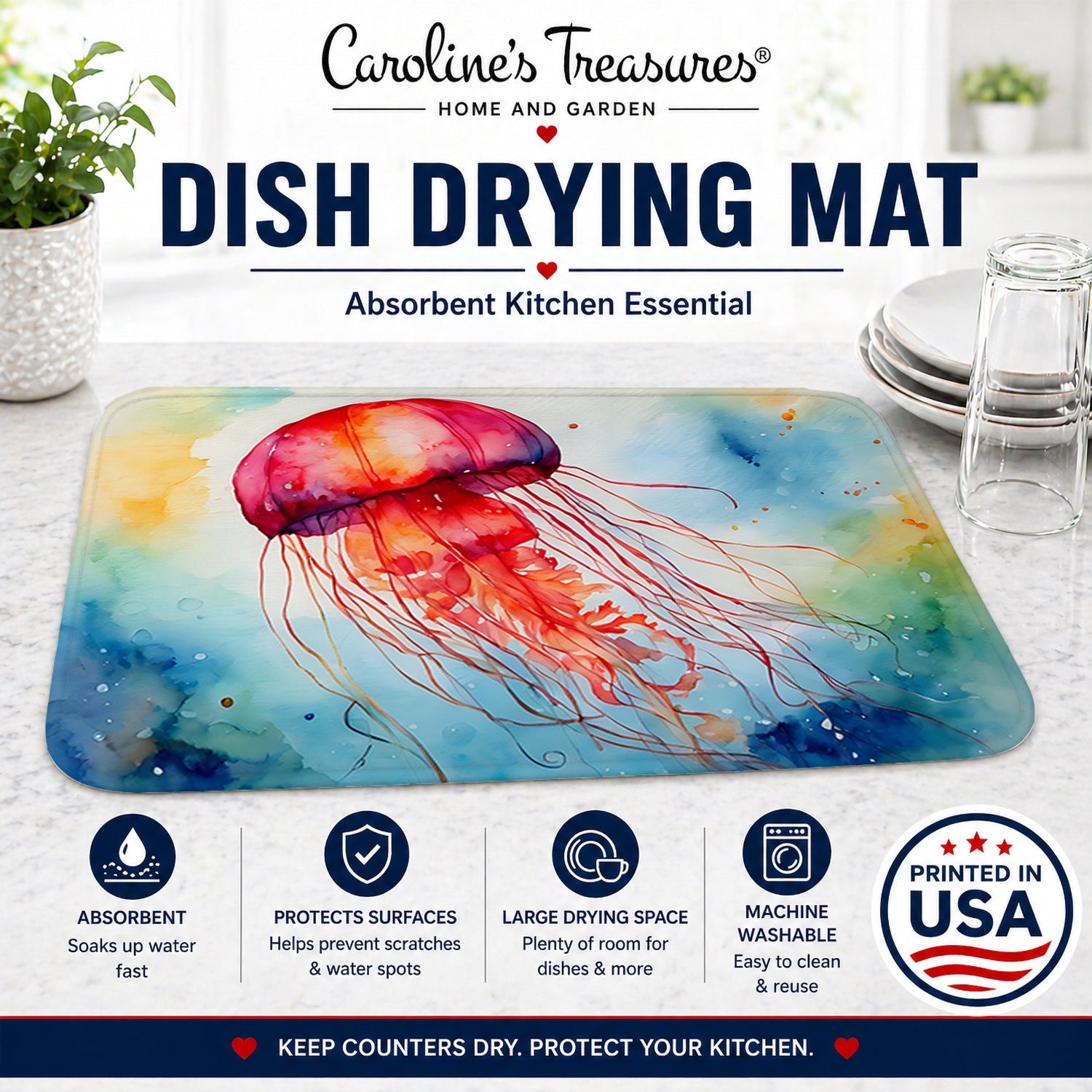 Jellyfish Dish Drying Mat Absorbent Dish Drying Mat Pad for Kitchen Counter Dish Drainer Mat for Countertop, 14 x 21", Multicolor