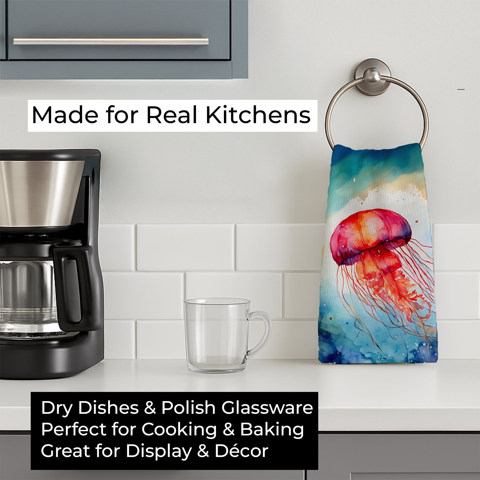 Jellyfish Kitchen Towel Velour Plush Front and Cotton Loop Back Machine Washable
