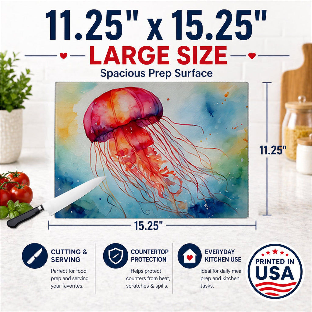 Jellyfish Cutting Board Tempered Glass Kitchen Cutting Surface, Heat Resistant Chopping, Non-Slip Feet, Food Prep & Serving