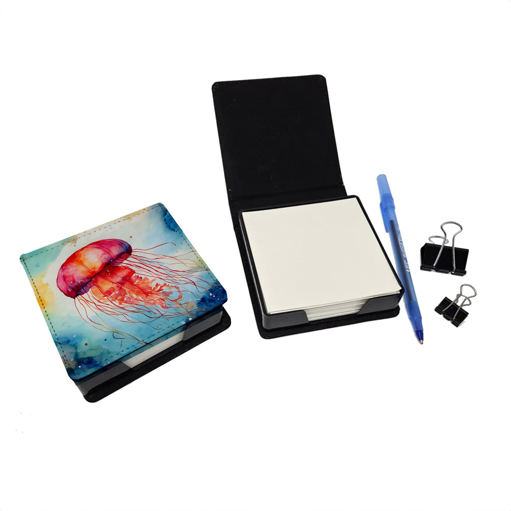 Jellyfish PU Leather Note Paper Holder with Artist-Designed Cover, Desk Accessory, Office Gift