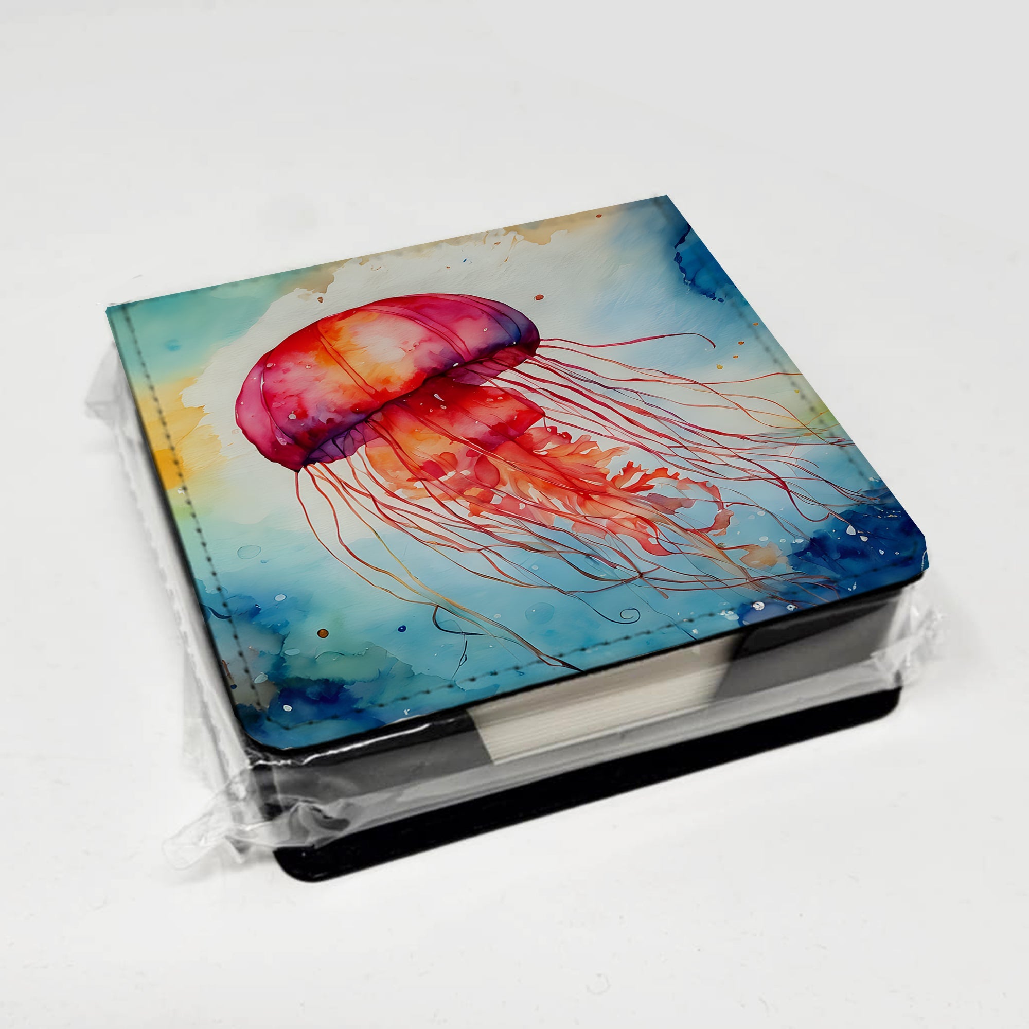 Jellyfish PU Leather Note Paper Holder with Artist-Designed Cover, Desk Accessory, Office Gift
