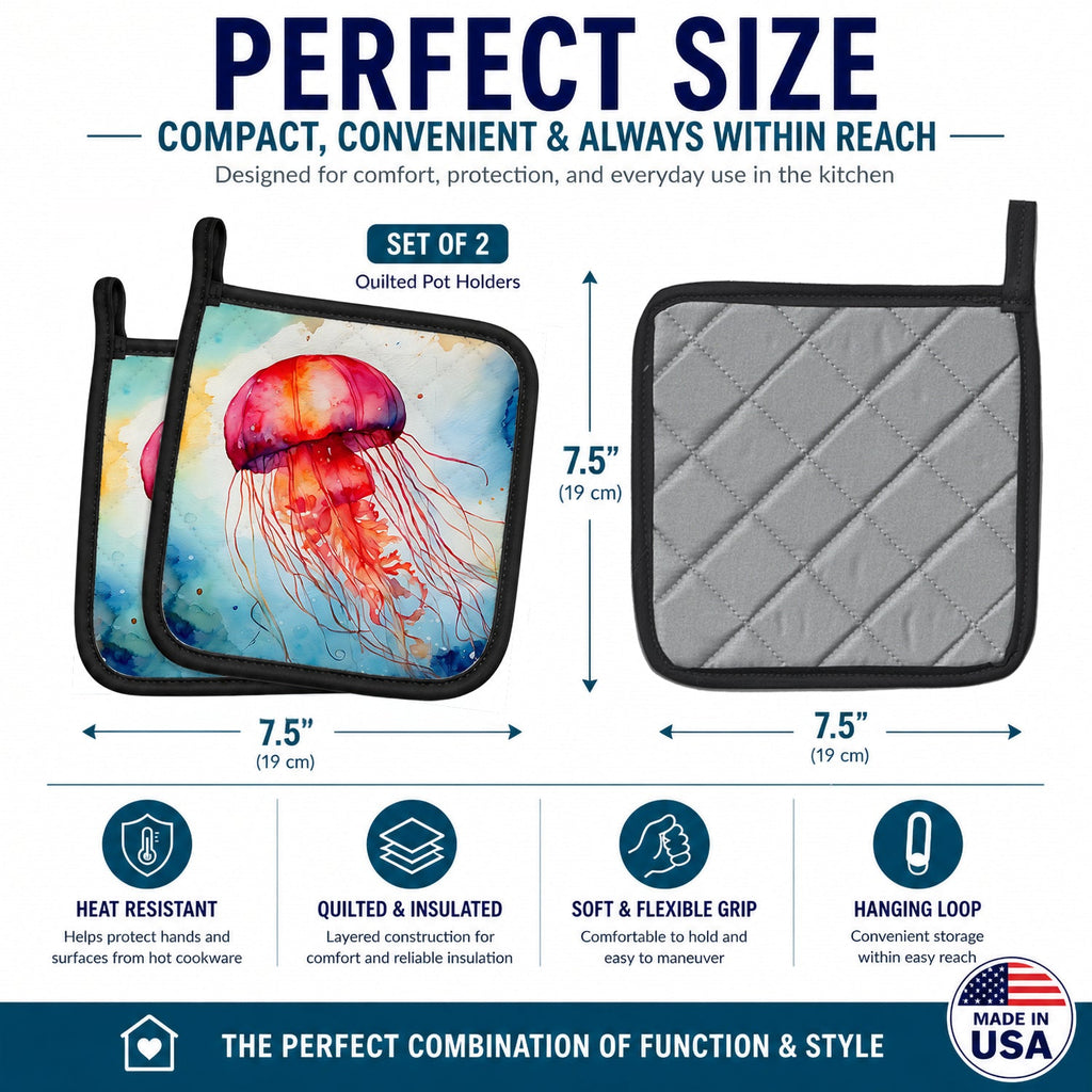 Jellyfish Pot Holder Set of 2 Heat Resistant Quilted Hot Pads 7.5 x 7.5 Inch, Insulated Kitchen Trivets for Cooking & Baking