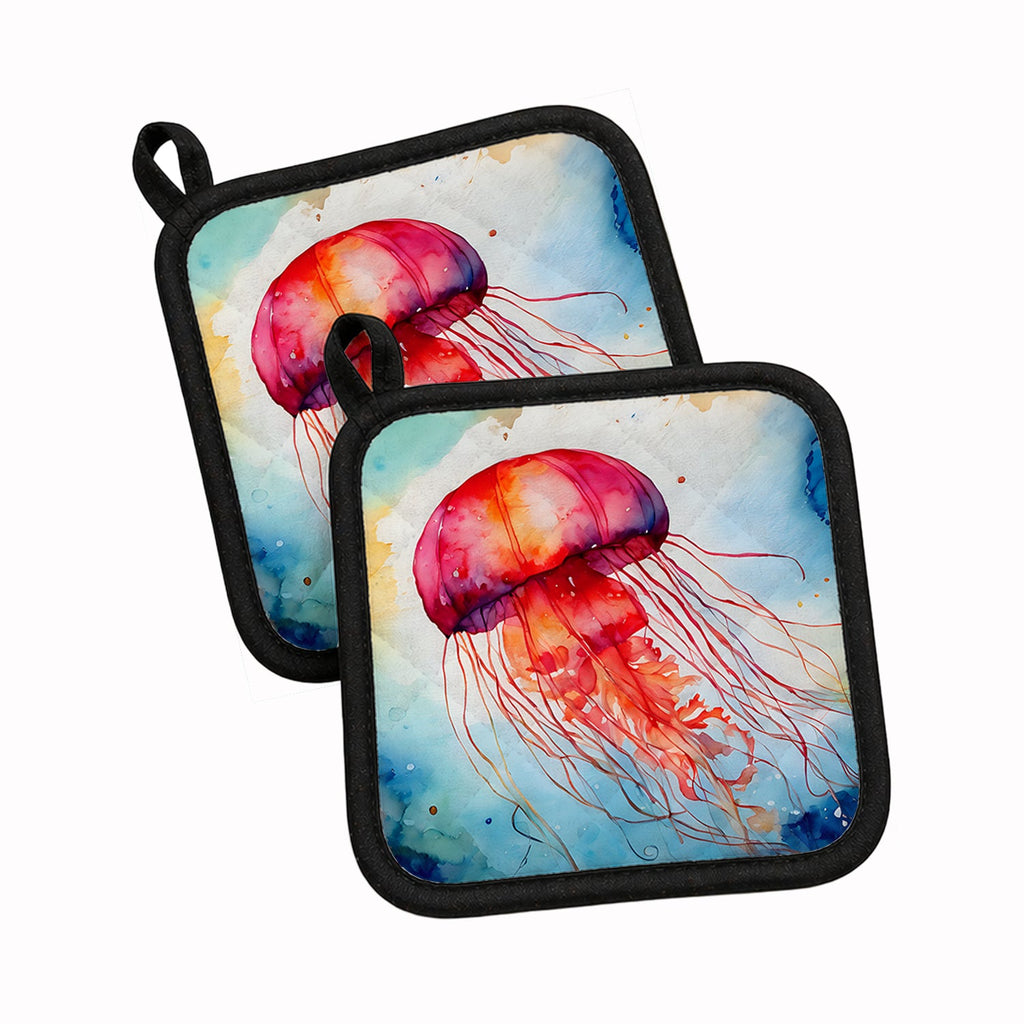 Jellyfish Pot Holder Set of 2 Heat Resistant Quilted Hot Pads 7.5 x 7.5 Inch, Insulated Kitchen Trivets for Cooking & Baking
