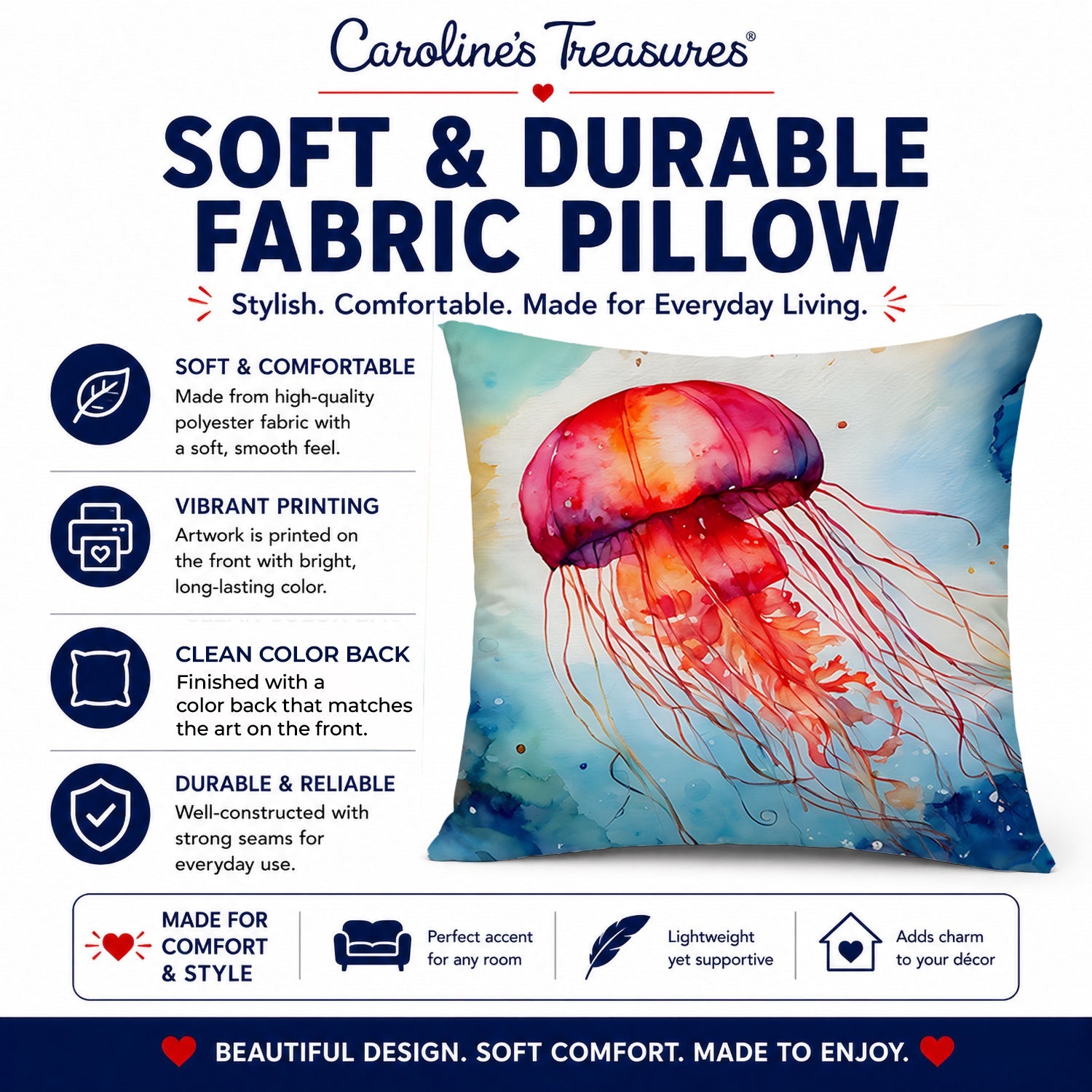Jellyfish Decorative Throw Pillow 14x14 Indoor Outdoor Accent Cushion, Fabric Cover with Insert for Sofa, Bed, Porch & Living Room