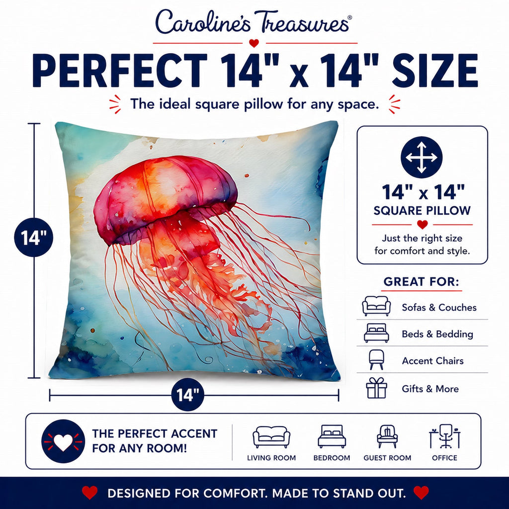 Jellyfish Decorative Throw Pillow 14x14 Indoor Outdoor Accent Cushion, Fabric Cover with Insert for Sofa, Bed, Porch & Living Room
