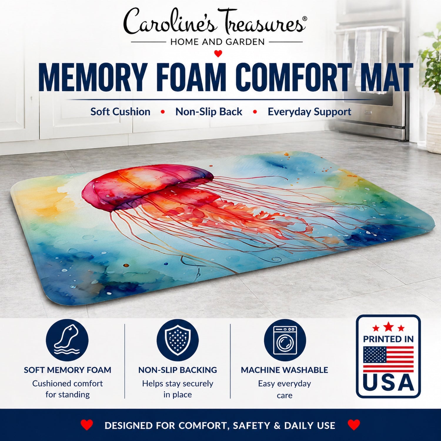 Jellyfish Memory Foam Kitchen Mat Machine Washable Anti-Fatigue Cushion Comfort Bath or Kitchen Rug