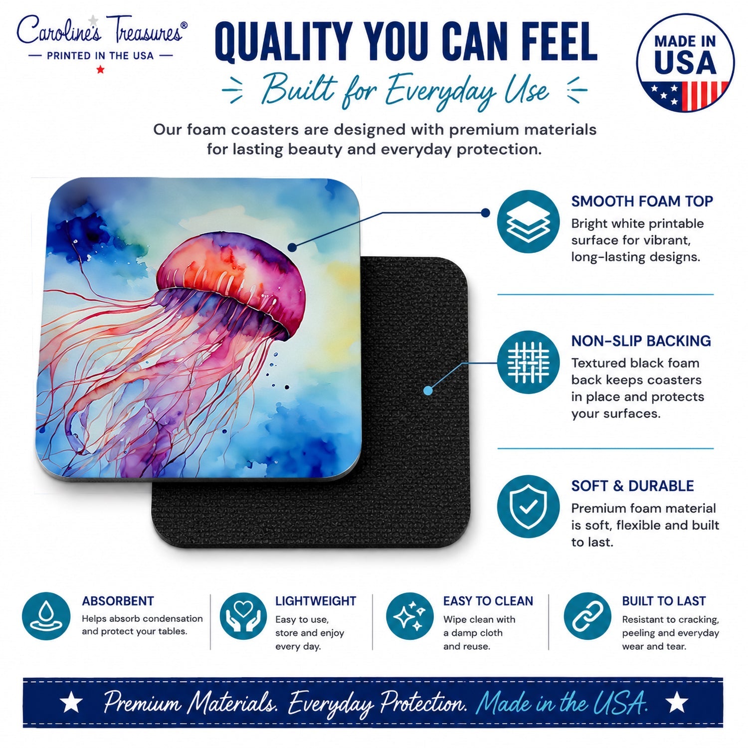 Jellyfish Foam Coasters Set of 4 Cup Coasters for Indoor Outdoor, Tabletop Protection, Anti Slip, Mouse pad Material