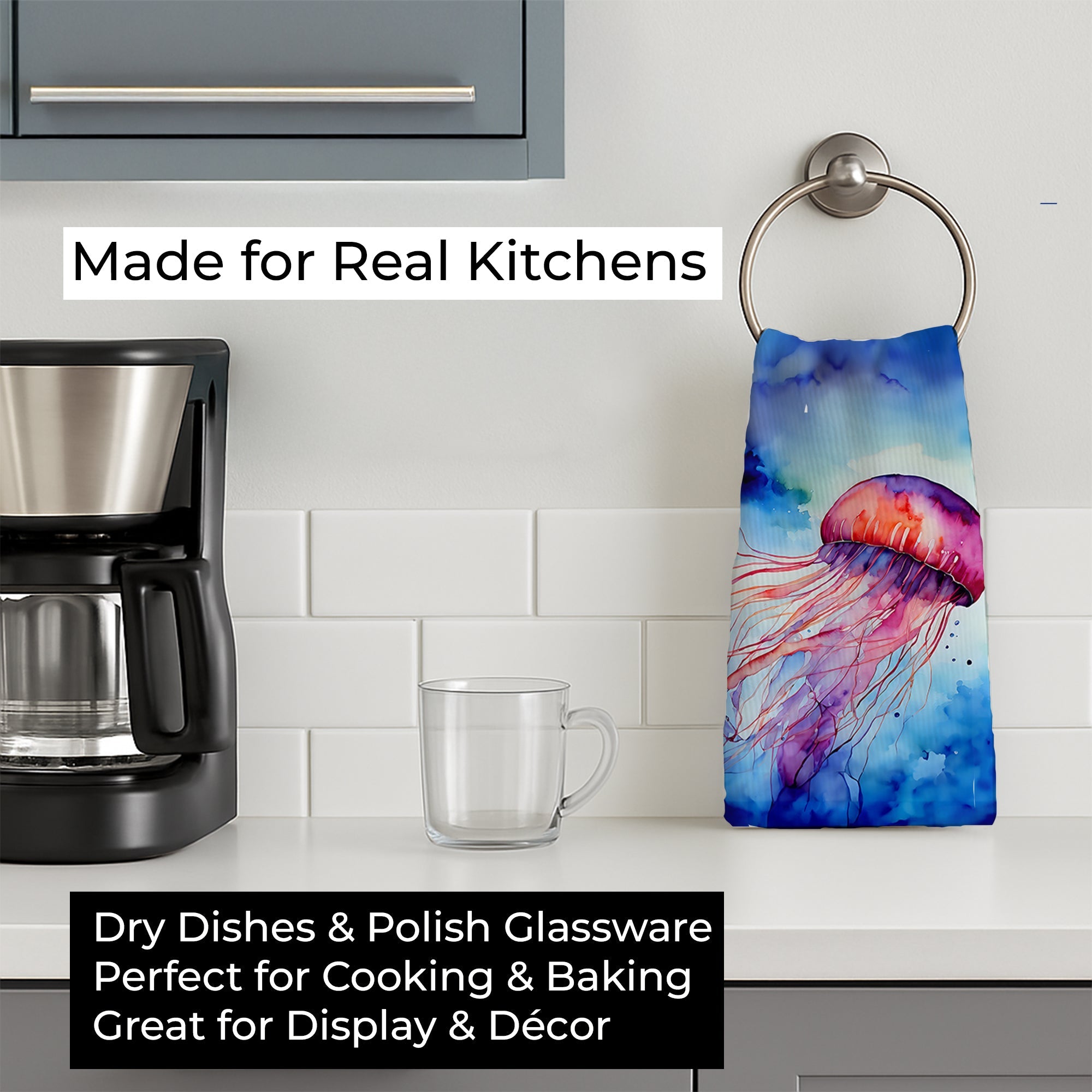 Jellyfish Kitchen Towel Velour Plush Front and Cotton Loop Back Machine Washable