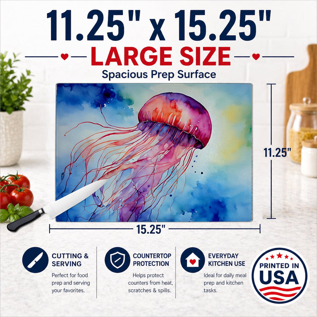 Jellyfish Cutting Board Tempered Glass Kitchen Cutting Surface, Heat Resistant Chopping, Non-Slip Feet, Food Prep & Serving