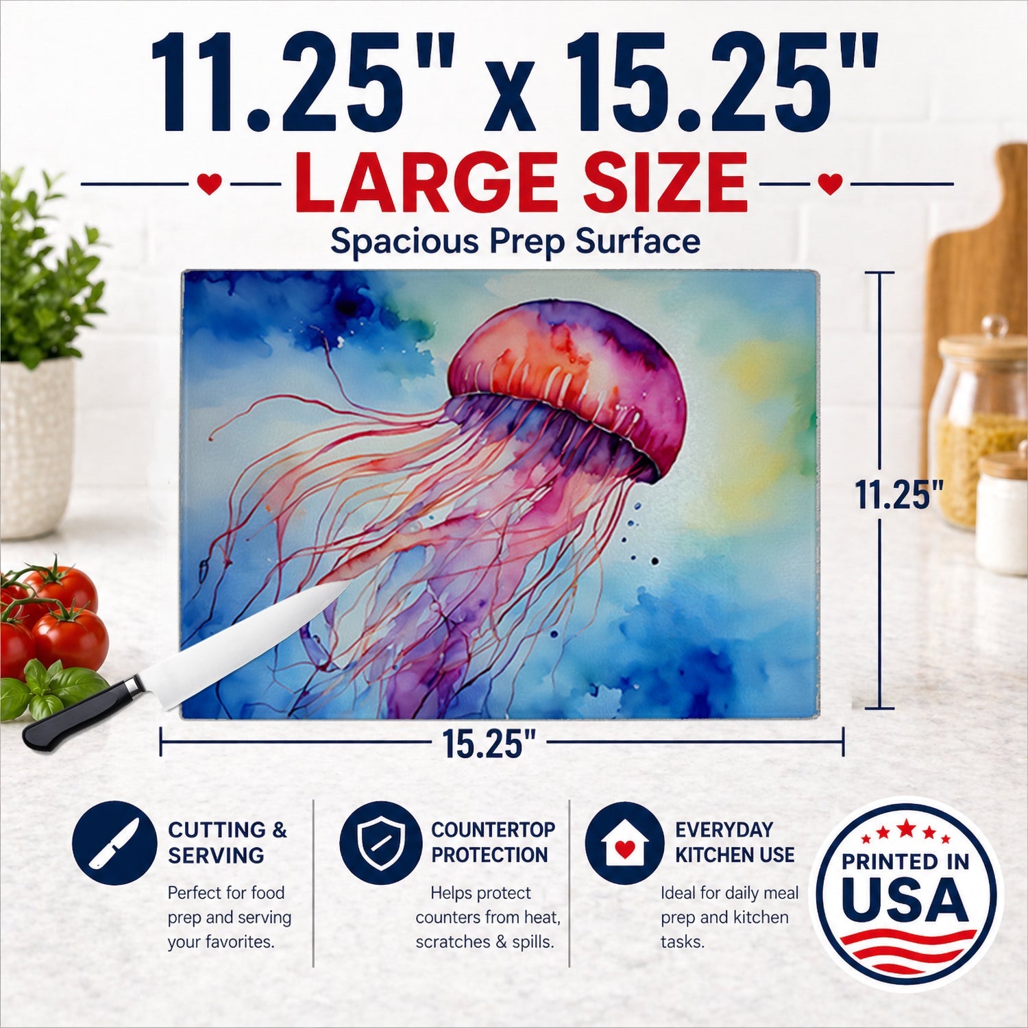 Jellyfish Cutting Board Tempered Glass Kitchen Cutting Surface, Heat Resistant Chopping, Non-Slip Feet, Food Prep & Serving