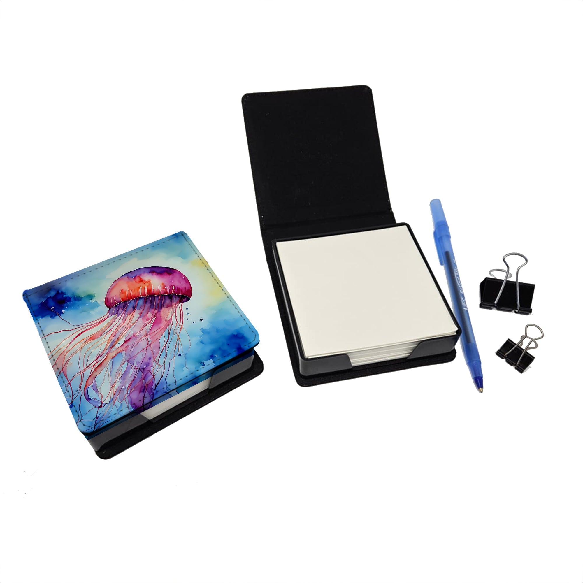 Jellyfish PU Leather Note Paper Holder with Artist-Designed Cover, Desk Accessory, Office Gift