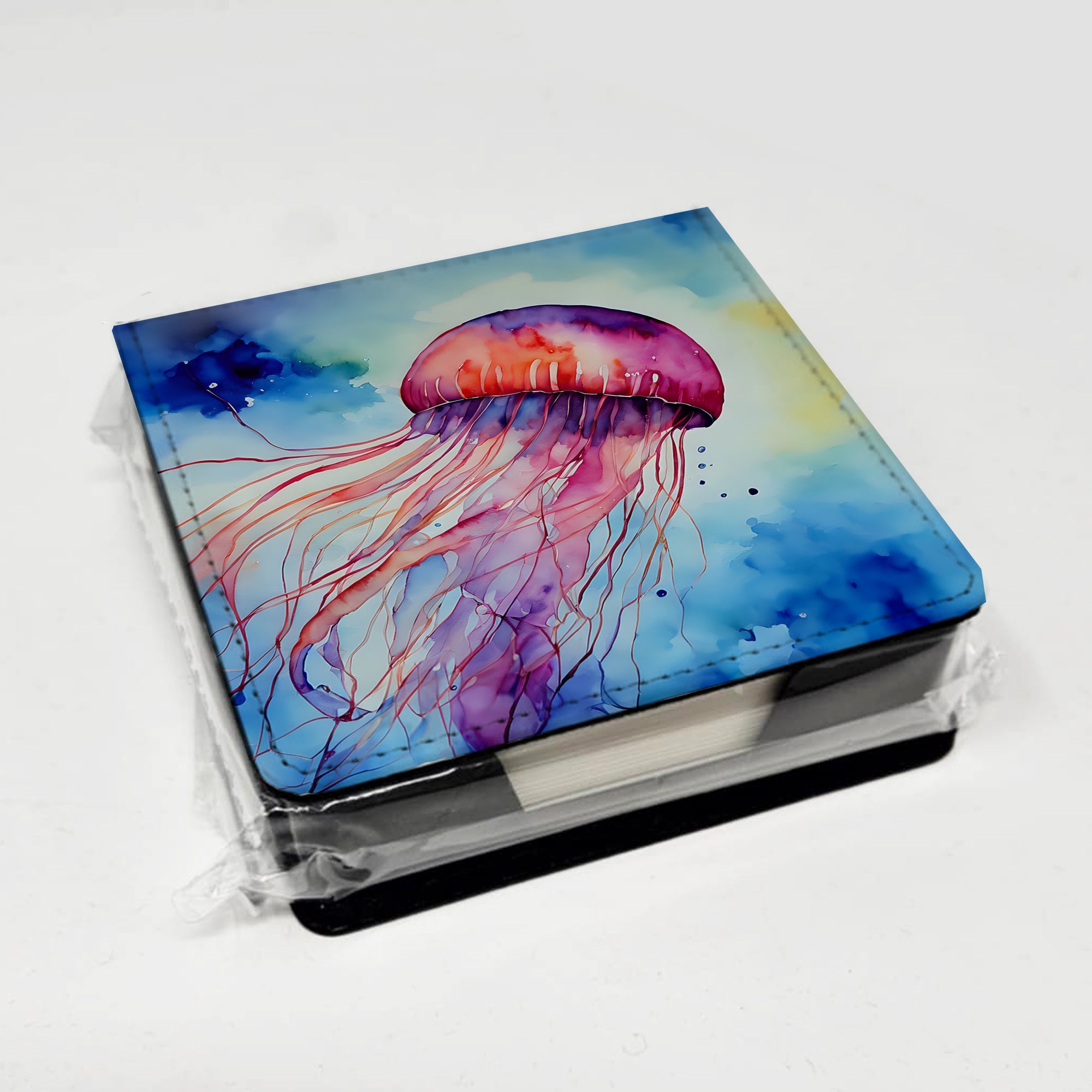 Jellyfish PU Leather Note Paper Holder with Artist-Designed Cover, Desk Accessory, Office Gift