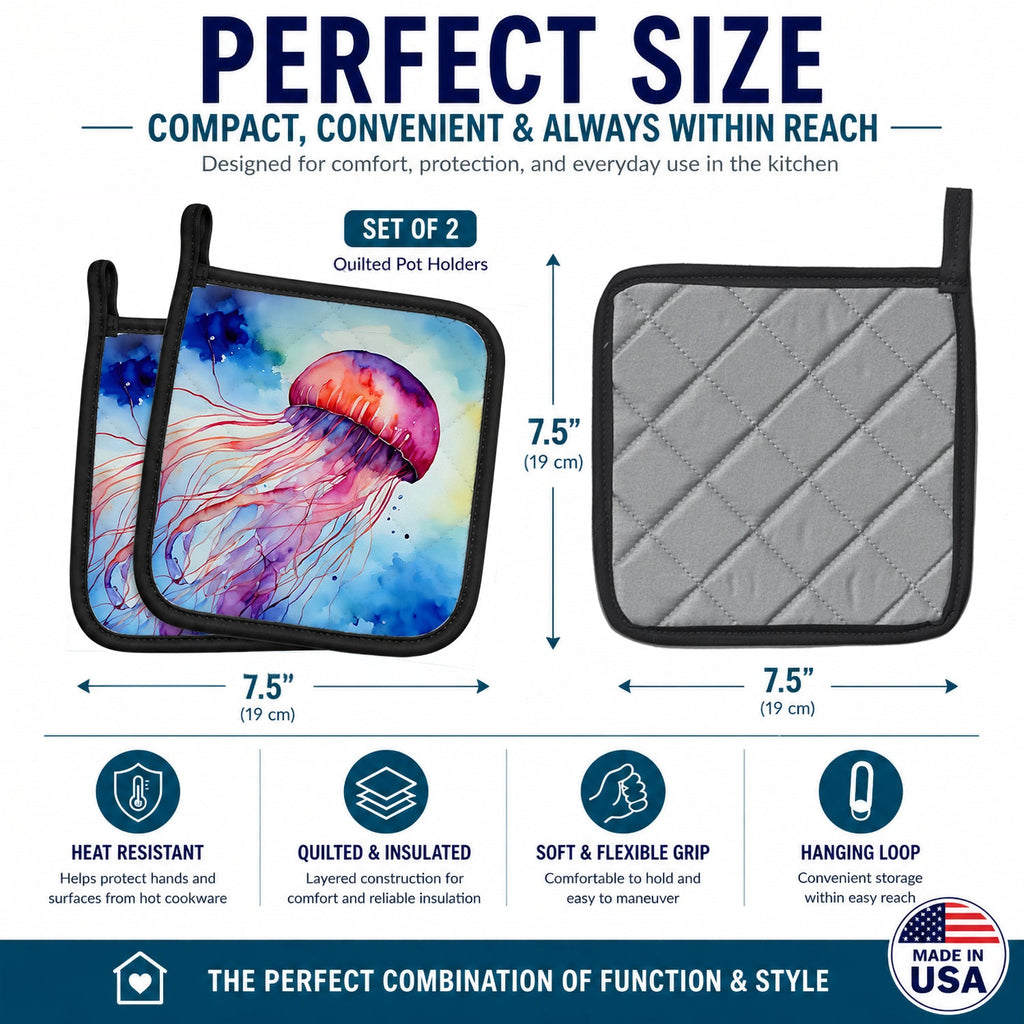 Jellyfish Pot Holder Set of 2 Heat Resistant Quilted Hot Pads 7.5 x 7.5 Inch, Insulated Kitchen Trivets for Cooking & Baking