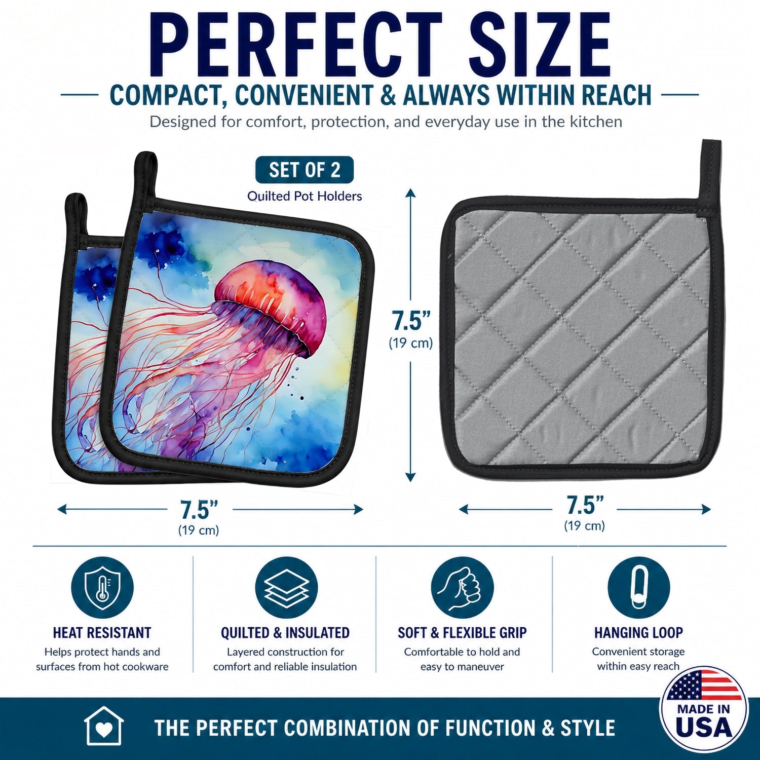 Jellyfish Pot Holder Set of 2 Heat Resistant Quilted Hot Pads 7.5 x 7.5 Inch, Insulated Kitchen Trivets for Cooking & Baking