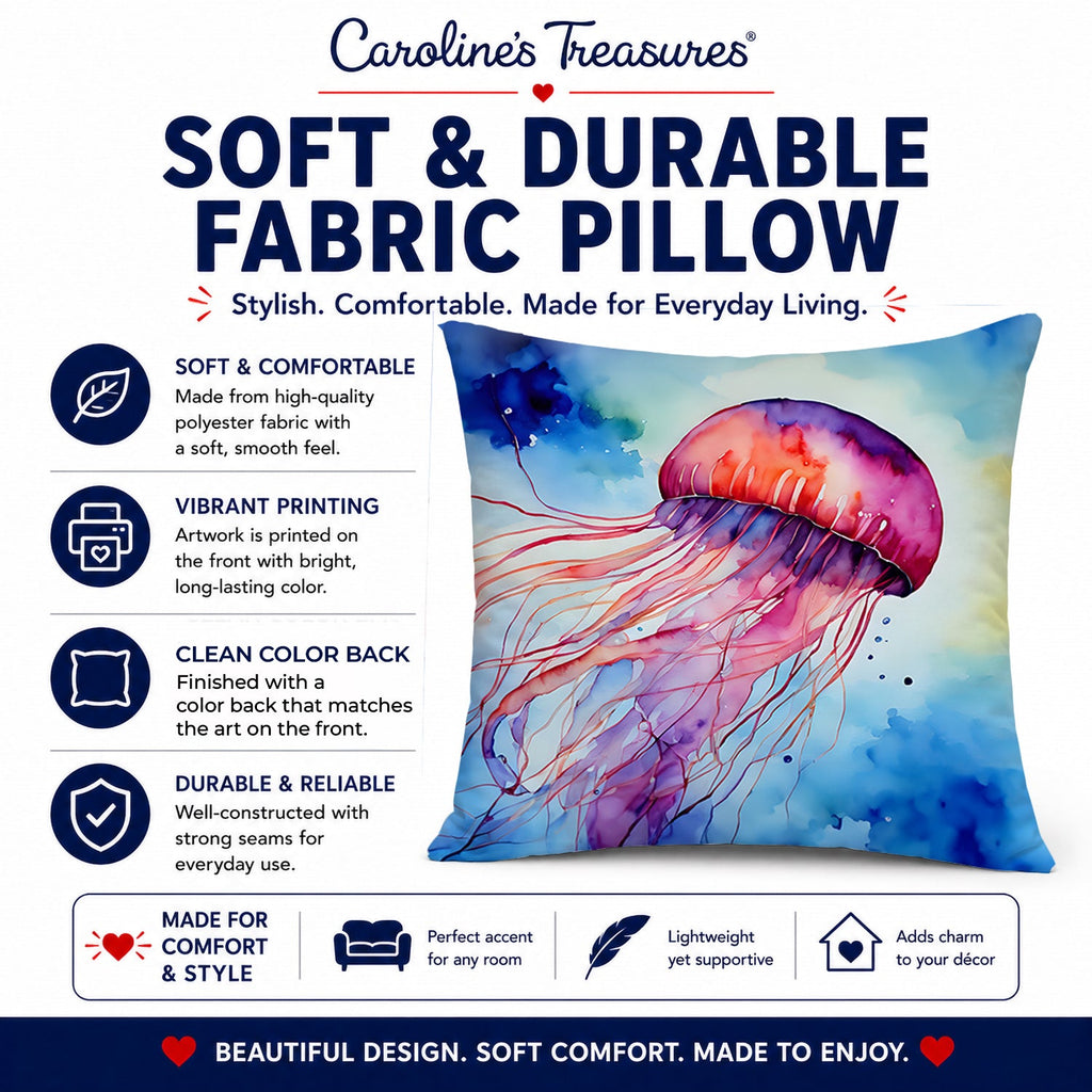 Jellyfish Decorative Throw Pillow 14x14 Indoor Outdoor Accent Cushion, Fabric Cover with Insert for Sofa, Bed, Porch & Living Room