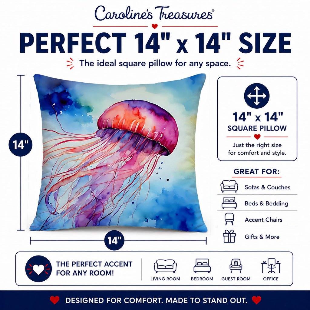 Jellyfish Decorative Throw Pillow 14x14 Indoor Outdoor Accent Cushion, Fabric Cover with Insert for Sofa, Bed, Porch & Living Room