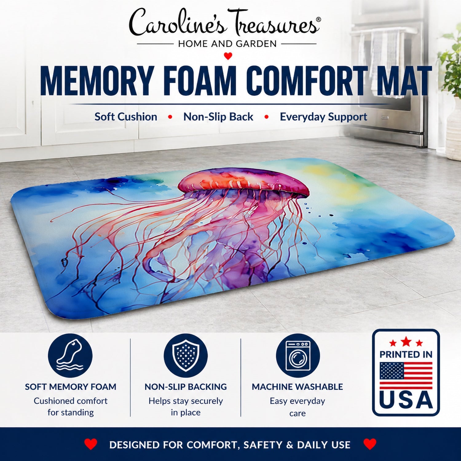 Jellyfish Memory Foam Kitchen Mat Machine Washable Anti-Fatigue Cushion Comfort Bath or Kitchen Rug