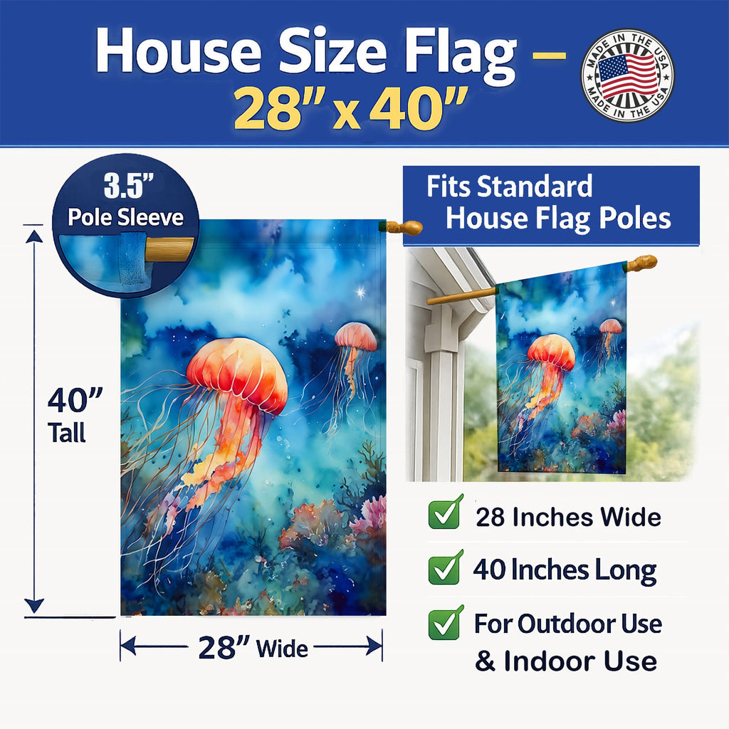 Jellyfish House Flag 28x40 Porch Sleeve Pole Decorative Outside Yard Banner Artwork Wall Hanging, Polyester