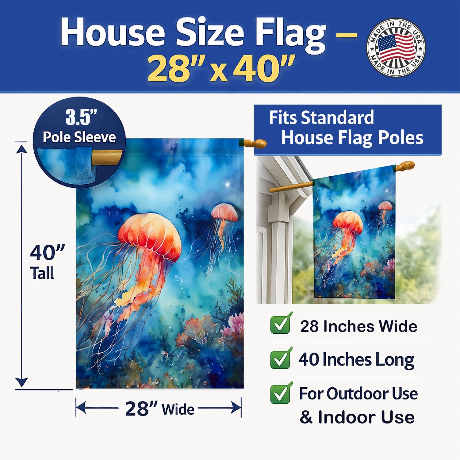 Jellyfish House Flag 28x40 Porch Sleeve Pole Decorative Outside Yard Banner Artwork Wall Hanging, Polyester
