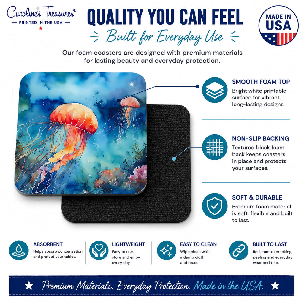 Jellyfish Foam Coasters Set of 4 Cup Coasters for Indoor Outdoor, Tabletop Protection, Anti Slip, Mouse pad Material
