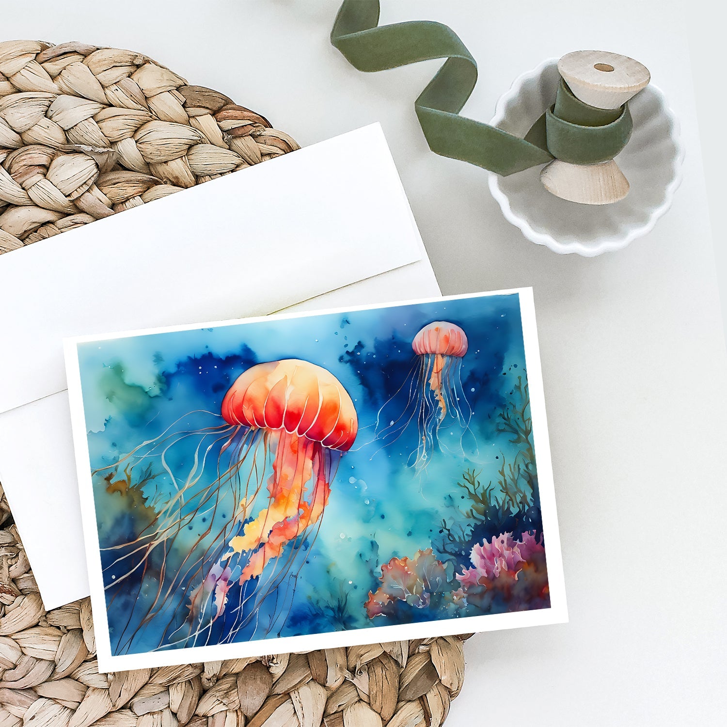 Jellyfish Greeting Cards Pack of 8 Blank Cards with Envelopes Whimsical A7 Size 5x7