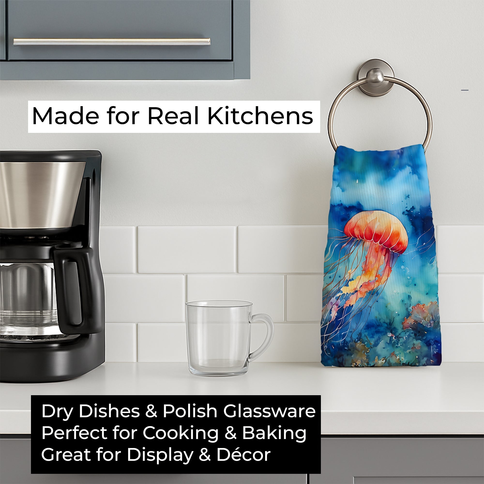 Jellyfish Kitchen Towel Velour Plush Front and Cotton Loop Back Machine Washable
