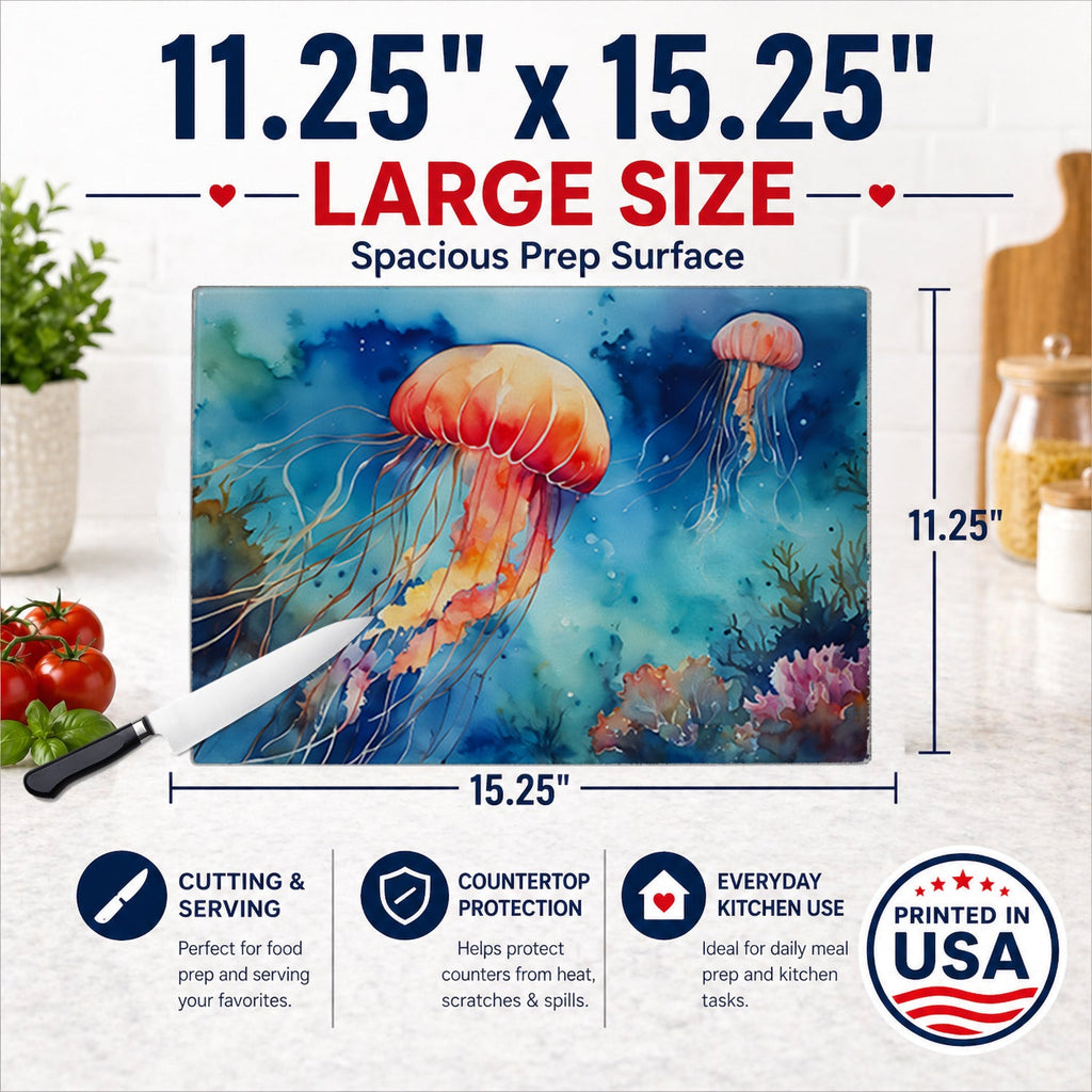 Jellyfish Cutting Board Tempered Glass Kitchen Cutting Surface, Heat Resistant Chopping, Non-Slip Feet, Food Prep & Serving