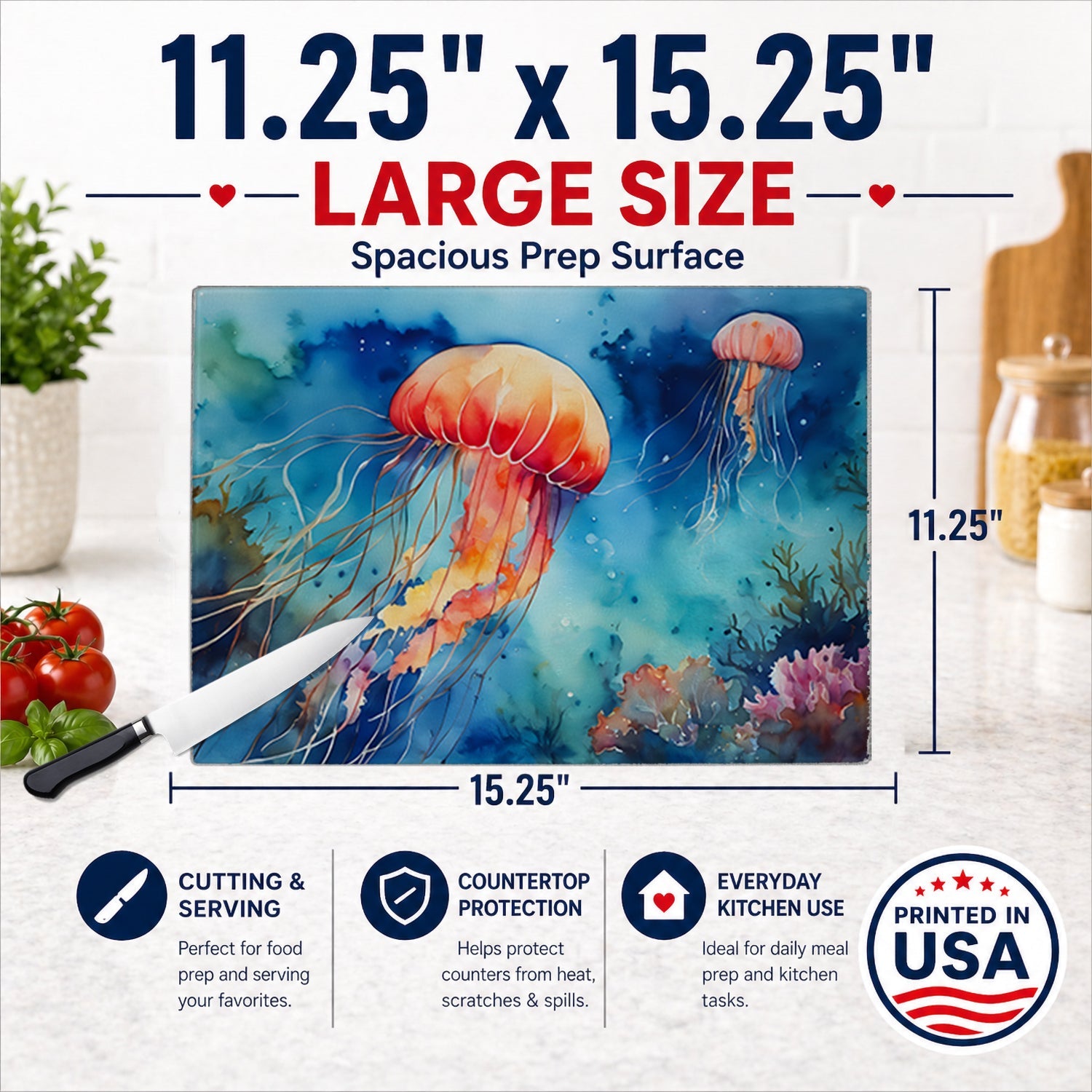 Jellyfish Cutting Board Tempered Glass Kitchen Cutting Surface, Heat Resistant Chopping, Non-Slip Feet, Food Prep & Serving