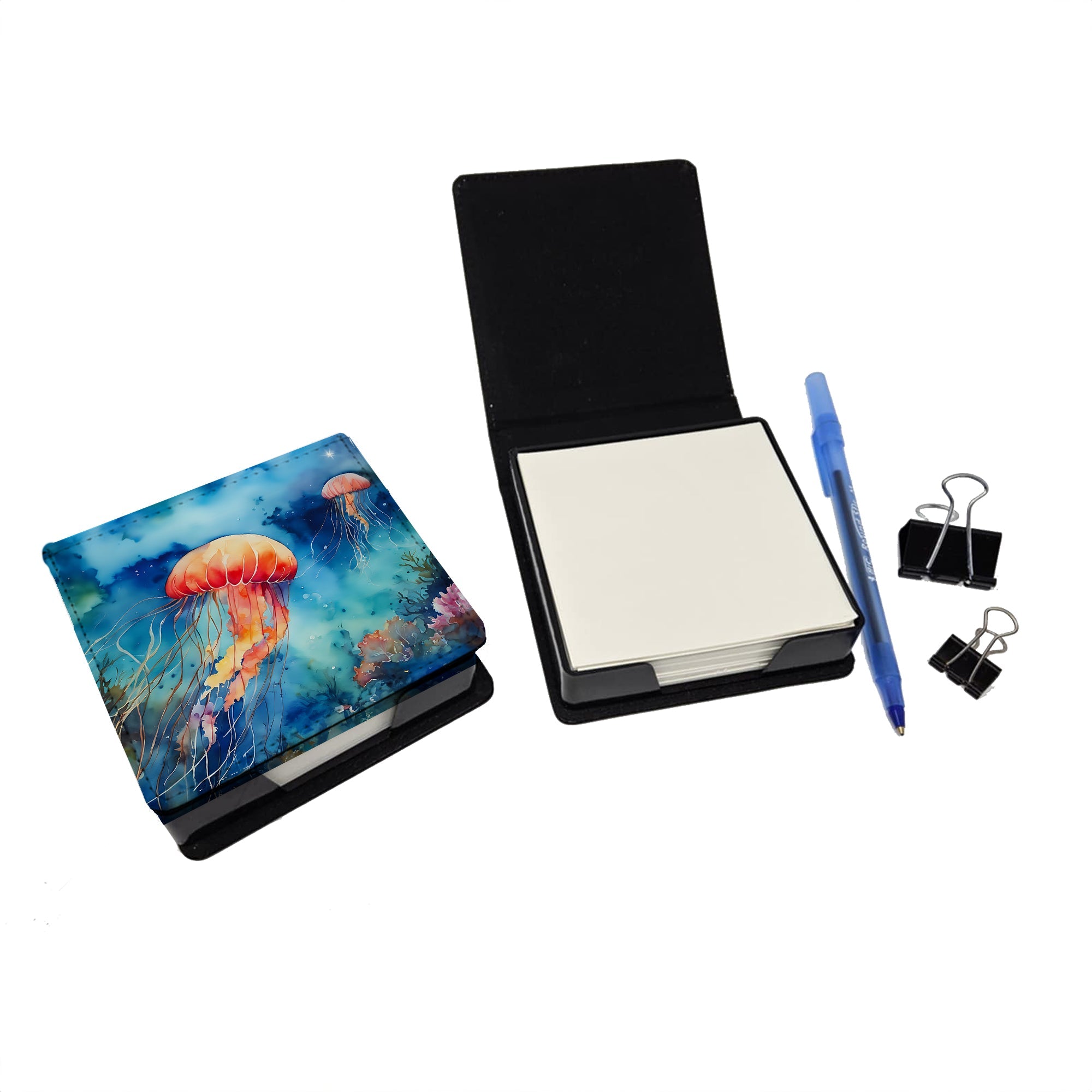 Jellyfish PU Leather Note Paper Holder with Artist-Designed Cover, Desk Accessory, Office Gift