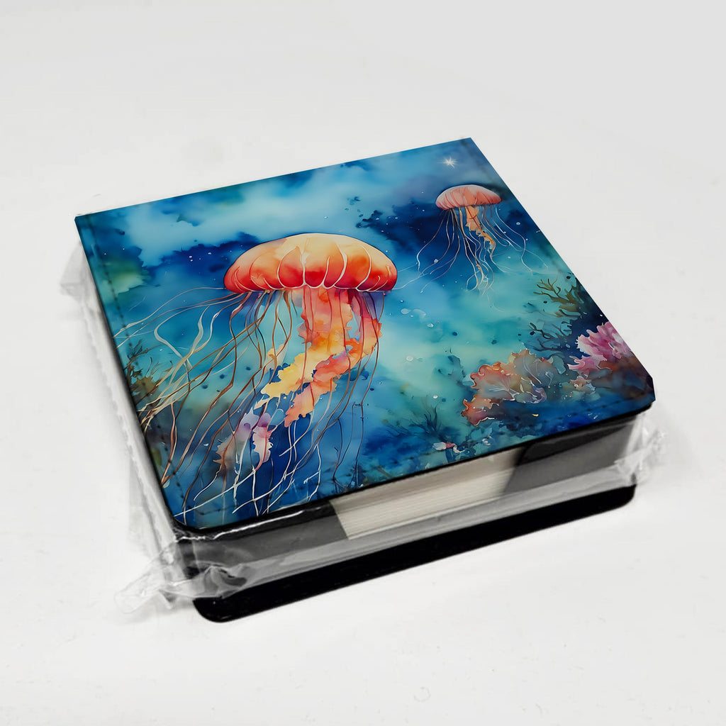 Jellyfish PU Leather Note Paper Holder with Artist-Designed Cover, Desk Accessory, Office Gift