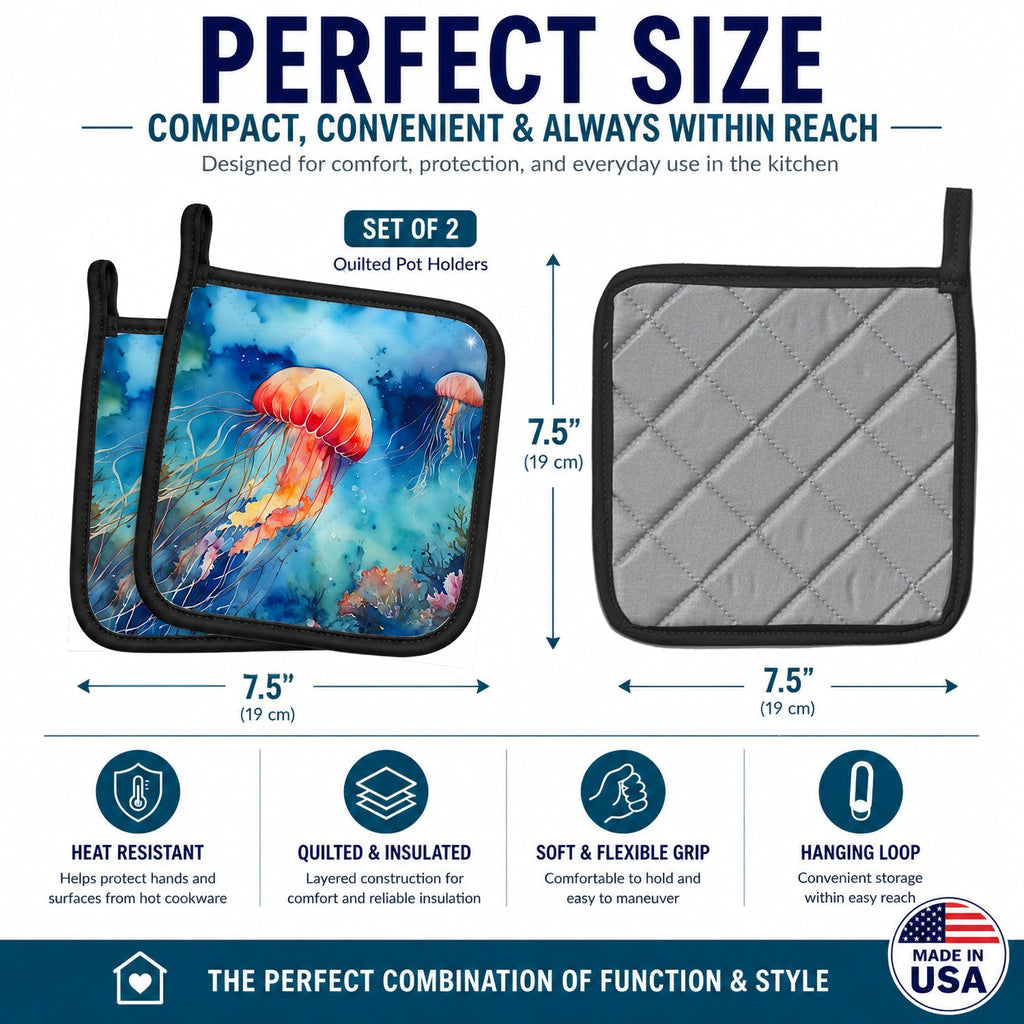 Jellyfish Pot Holder Set of 2 Heat Resistant Quilted Hot Pads 7.5 x 7.5 Inch, Insulated Kitchen Trivets for Cooking & Baking