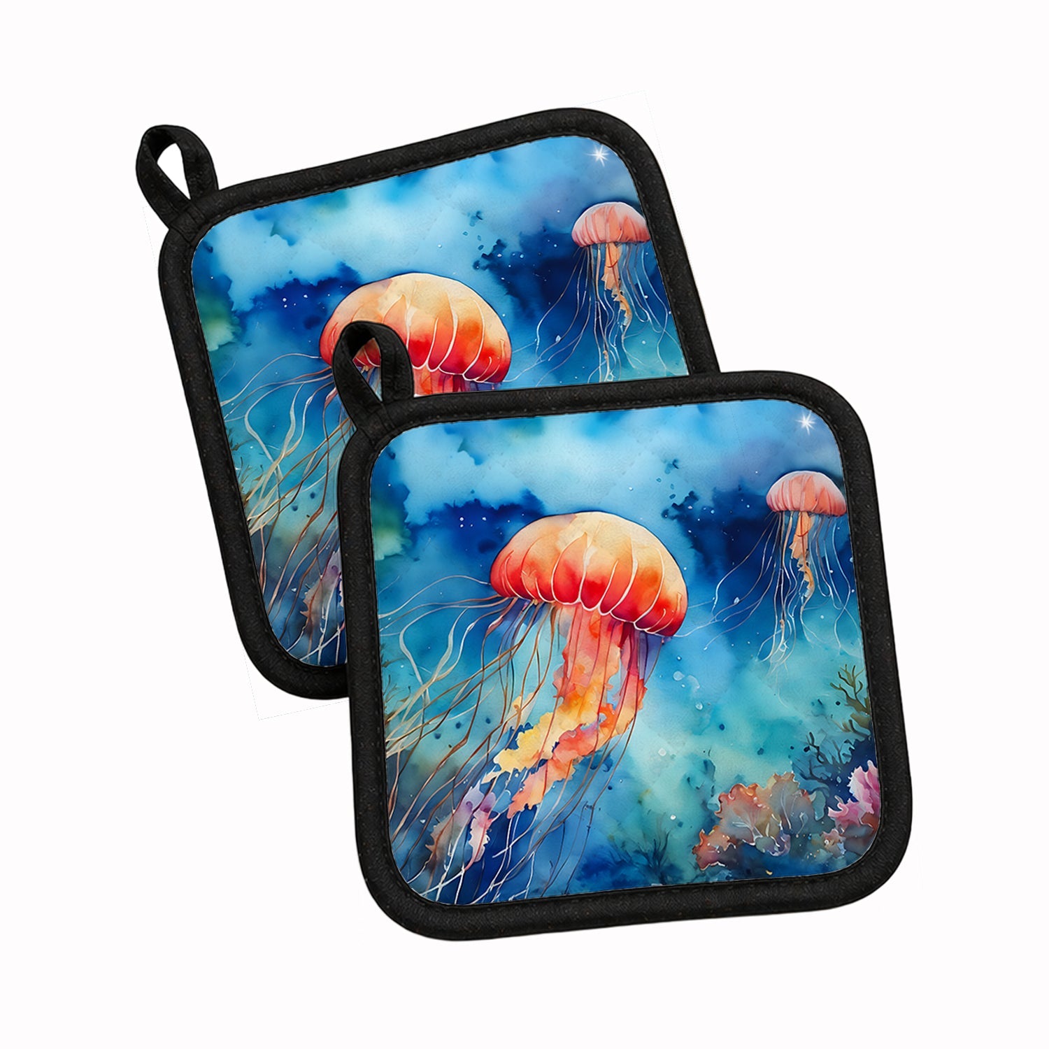 Jellyfish Pot Holder Set of 2 Heat Resistant Quilted Hot Pads 7.5 x 7.5 Inch, Insulated Kitchen Trivets for Cooking & Baking