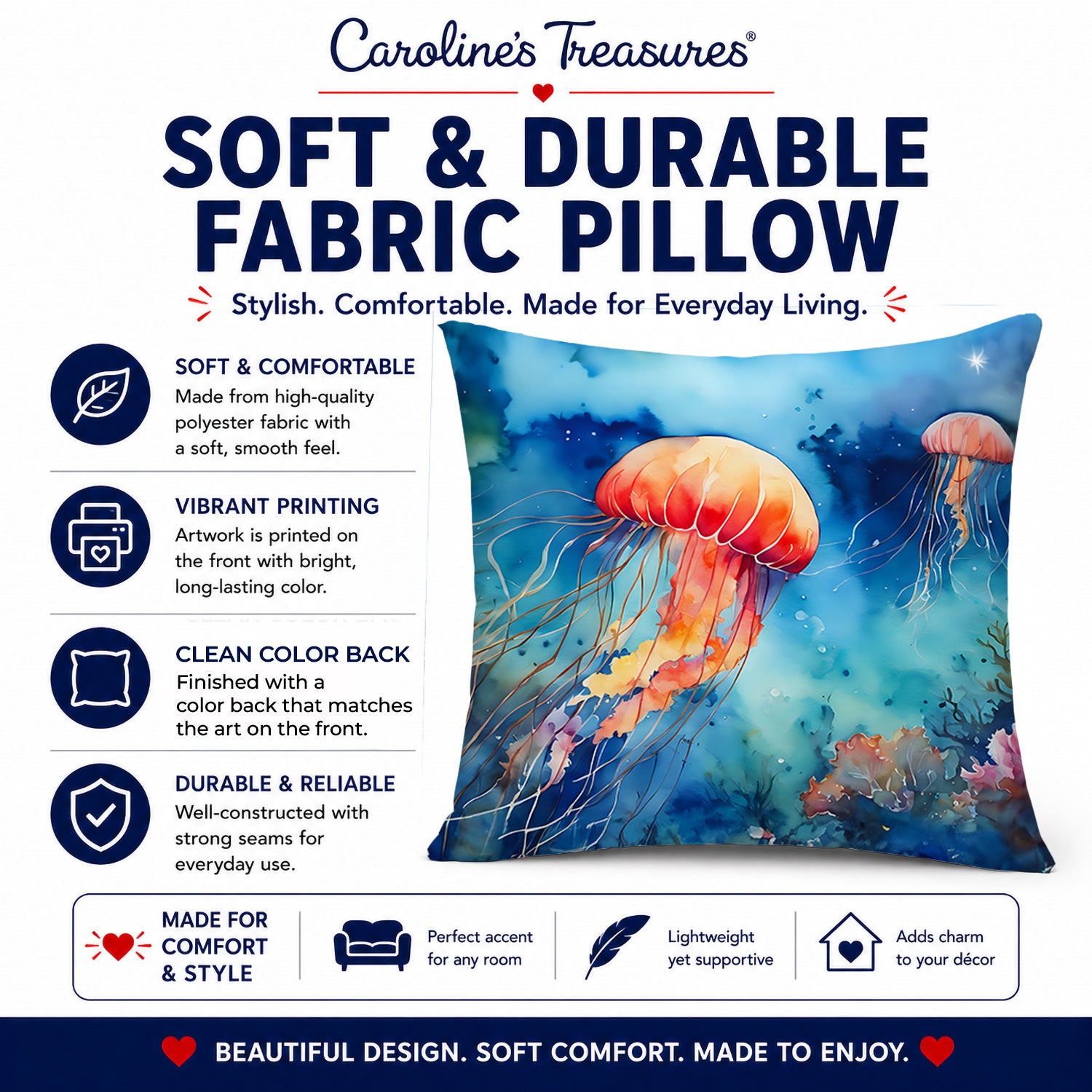 Jellyfish Decorative Throw Pillow 14x14 Indoor Outdoor Accent Cushion, Fabric Cover with Insert for Sofa, Bed, Porch & Living Room