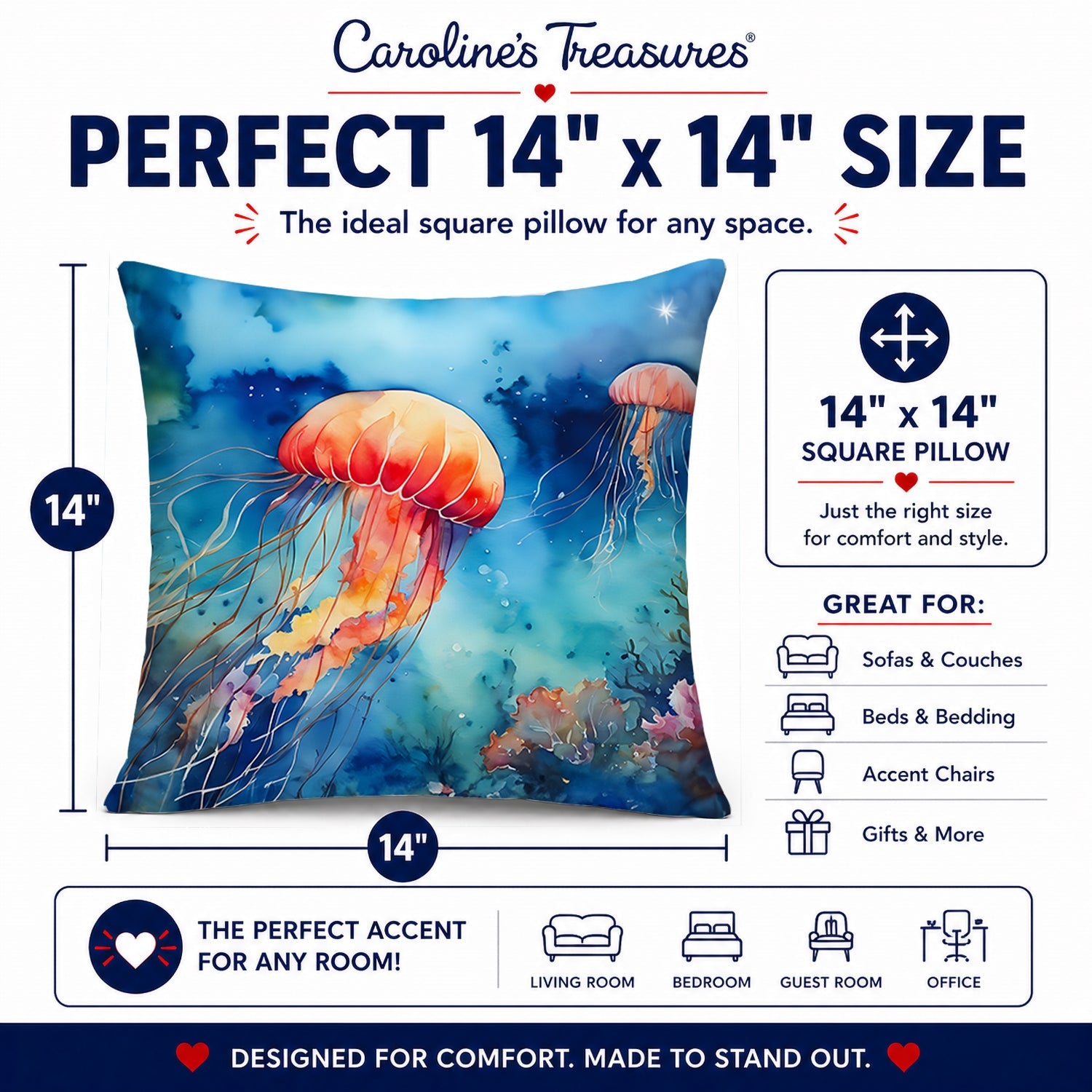 Jellyfish Decorative Throw Pillow 14x14 Indoor Outdoor Accent Cushion, Fabric Cover with Insert for Sofa, Bed, Porch & Living Room